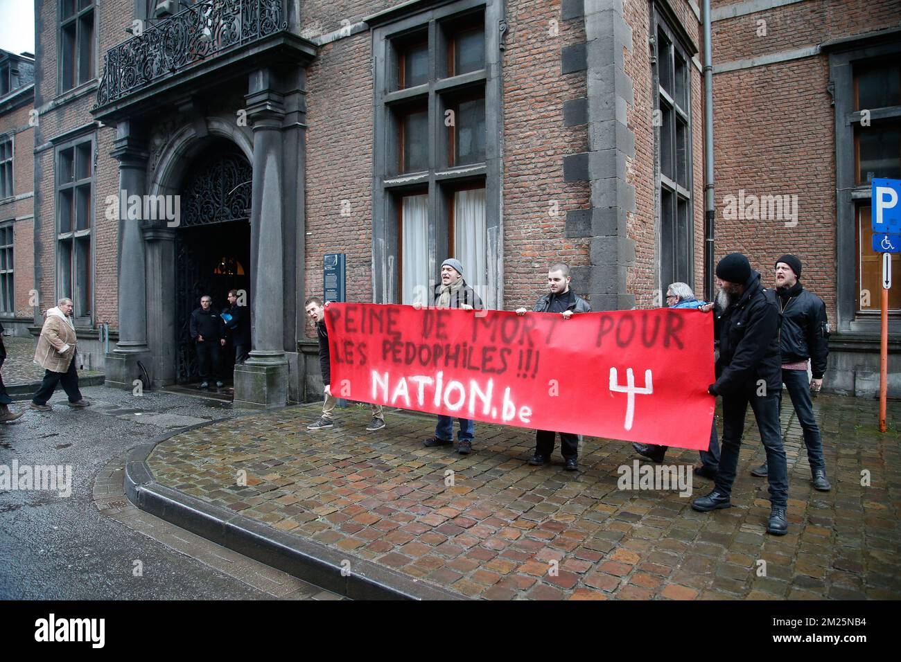 Illustration picture shows a protest of nationalist militant movement Nation outside the Namur council chamber following complaints filed by Jan and Leendert Lambrecks, father and brother of Dutroux victim Eefje, in Namur, Thursday 09 March 2017. Michelle Martin, ex-wife of Belgian serial killer, child abductor and molester Marc Dutroux, got sentenced to 30 years in jail, but was released after she served 16 years. BELGA PHOTO BRUNO FAHY Stock Photo