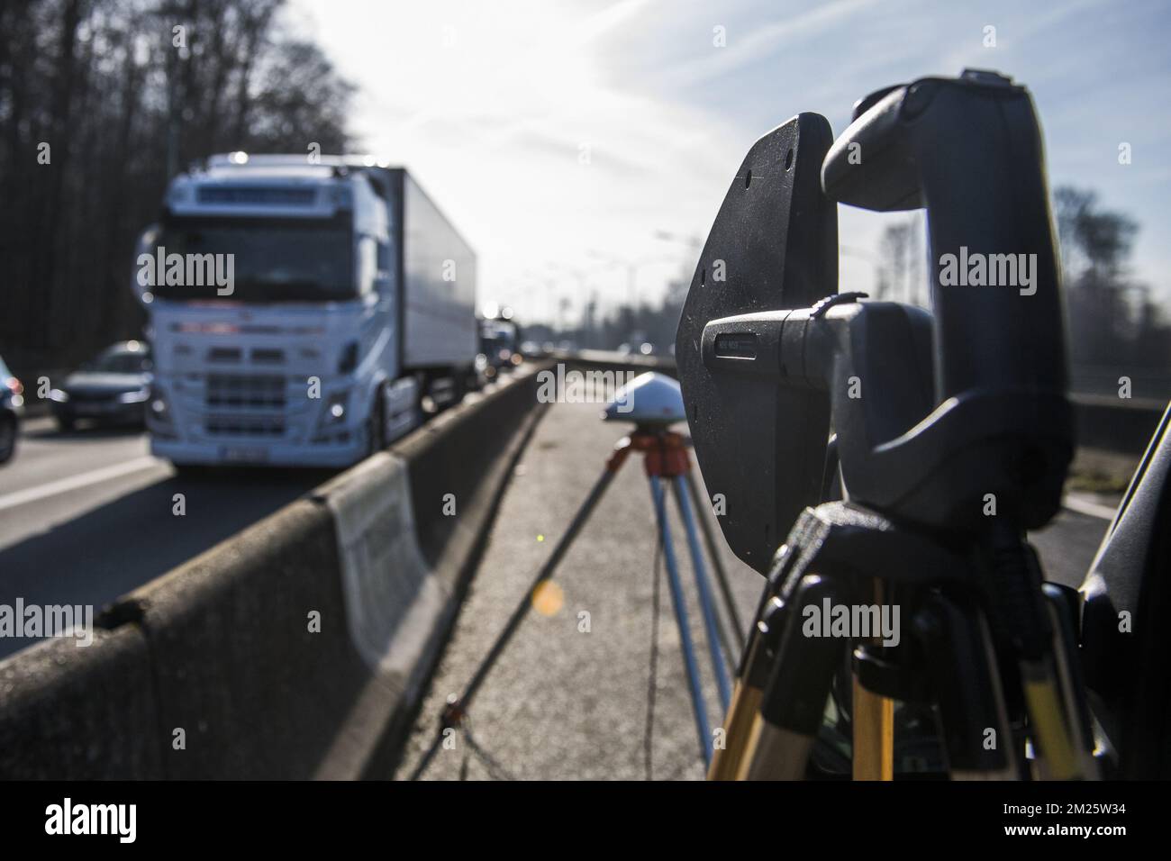 Illustration picture shows a control on fraud on the kilometer tax by Viapass, the government organization that monitors and controls the kilometer tax, Tuesday 14 March 2017, at Carrefour Leonard - Leonardkruispunt in Brussels. On 01 April 216, the Flemish, Walloon and Brussels Capital regions introduced a kilometer tax for trucks weighting more than 3.5 tons. Belgian and foreign trucks must have an OBU, On Board Unit, when driving on public roads in Belgium. BELGA PHOTO LAURIE DIEFFEMBACQ  Stock Photo