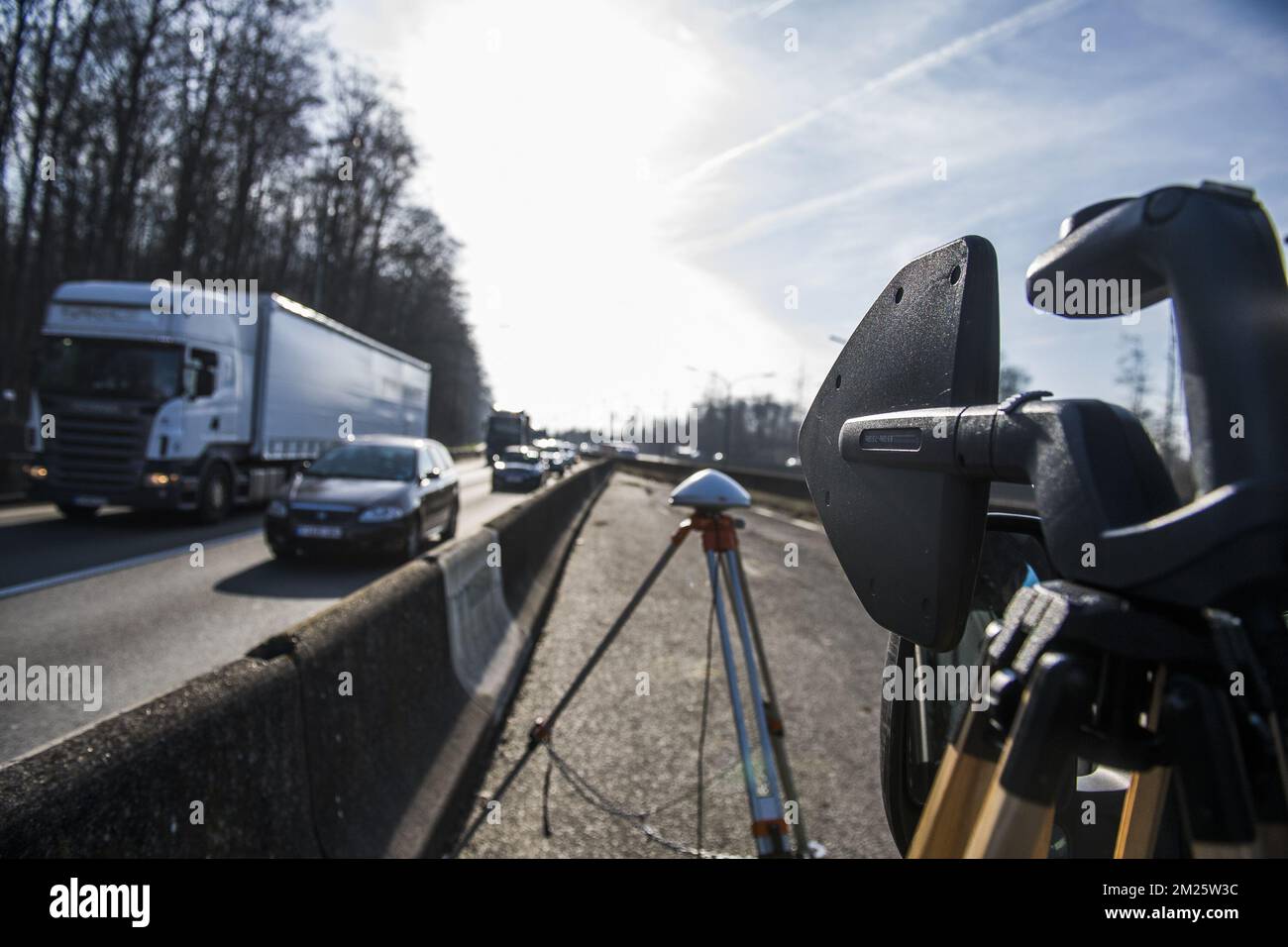 Illustration picture shows a control on fraud on the kilometer tax by Viapass, the government organization that monitors and controls the kilometer tax, Tuesday 14 March 2017, at Carrefour Leonard - Leonardkruispunt in Brussels. On 01 April 216, the Flemish, Walloon and Brussels Capital regions introduced a kilometer tax for trucks weighting more than 3.5 tons. Belgian and foreign trucks must have an OBU, On Board Unit, when driving on public roads in Belgium. BELGA PHOTO LAURIE DIEFFEMBACQ  Stock Photo