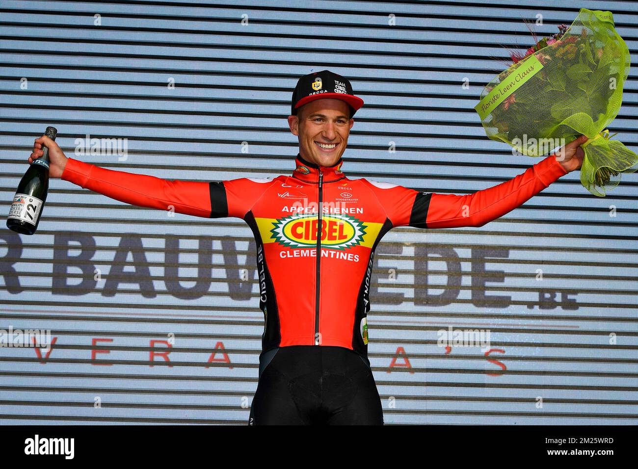 Belgian Joeri Stallaert of Cibel celebrates on the podium after the