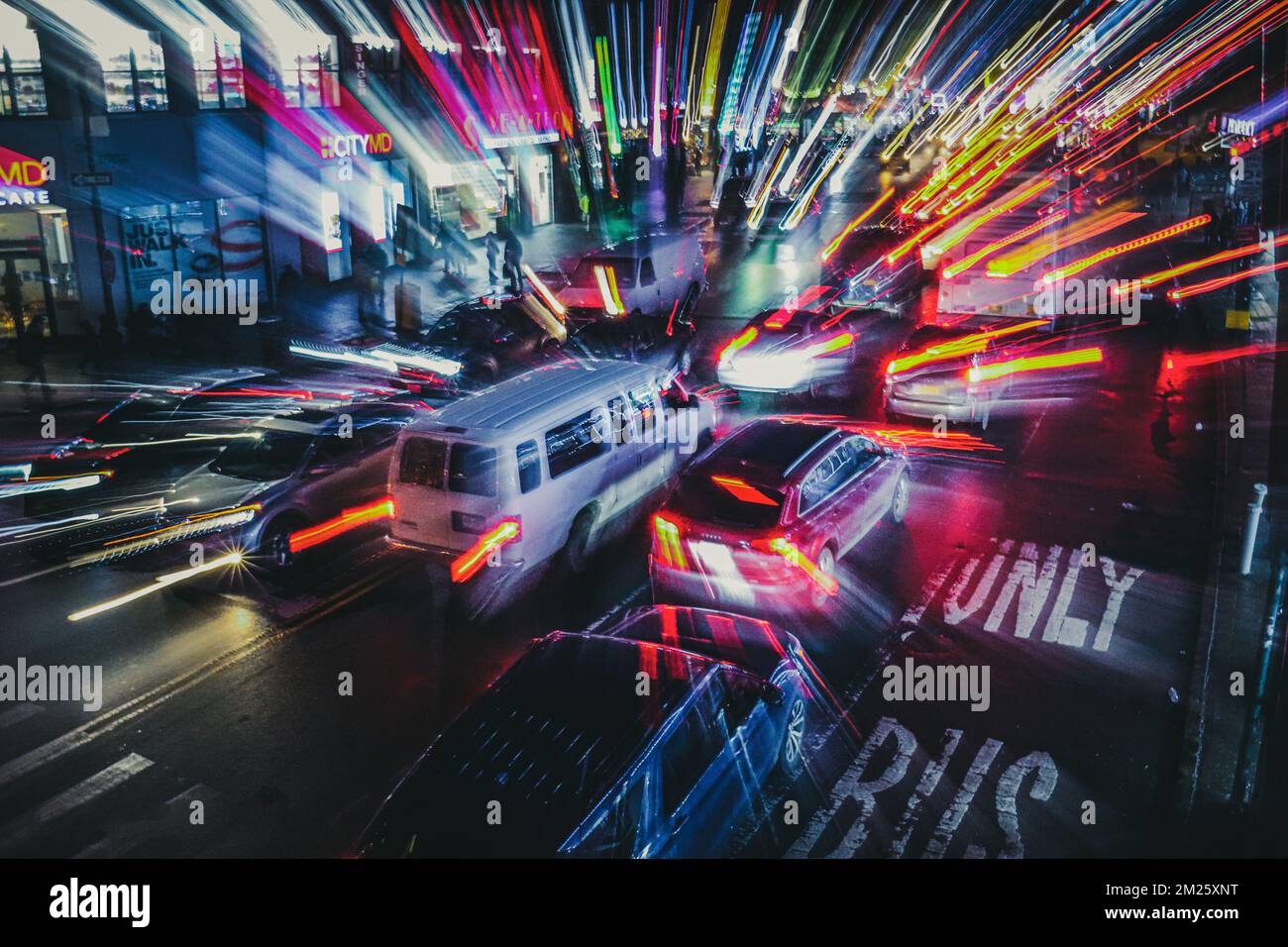 A long exposure shot of the cars flashing lights in a traffic jam in