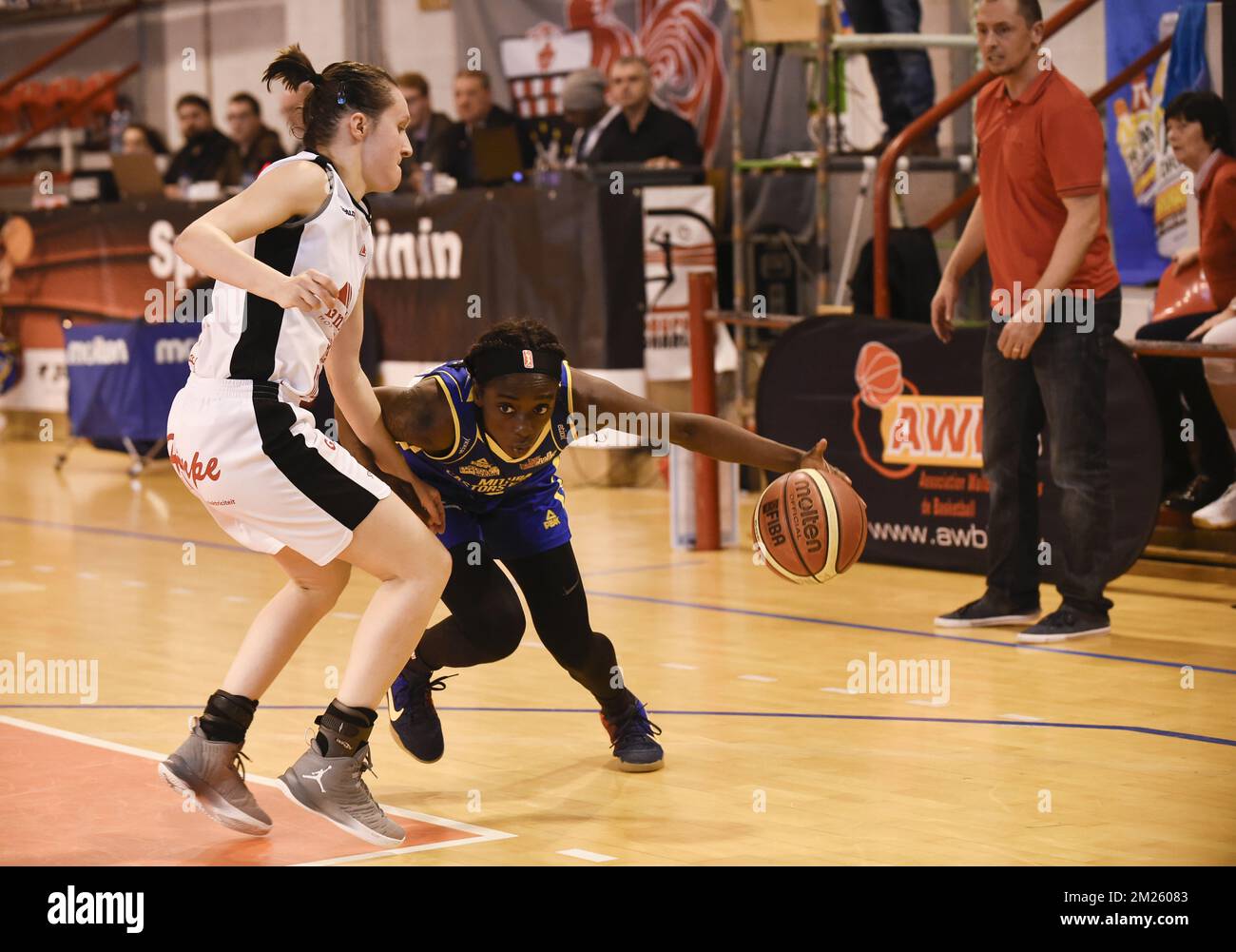 Waregem's Miete Celus and Castors' Kaleah Copper fight for the ball during the basketball match between Castors Braine and Waregem One, the final of the women's Belgian Cup, Sunday 19 March 2017 in Monceau-Sur-Sambre. BELGA PHOTO JOHN THYS Stock Photo