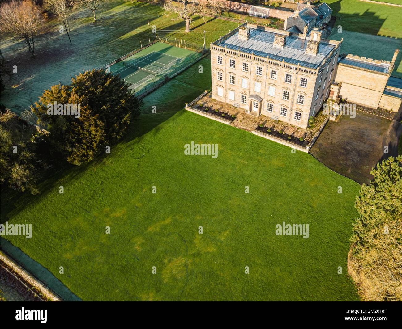 Aerial view of Netherwitton Hall a grade 1 listed building and mansion house in Northumberland. 17th-century building by architect Robert Trollope. Stock Photo