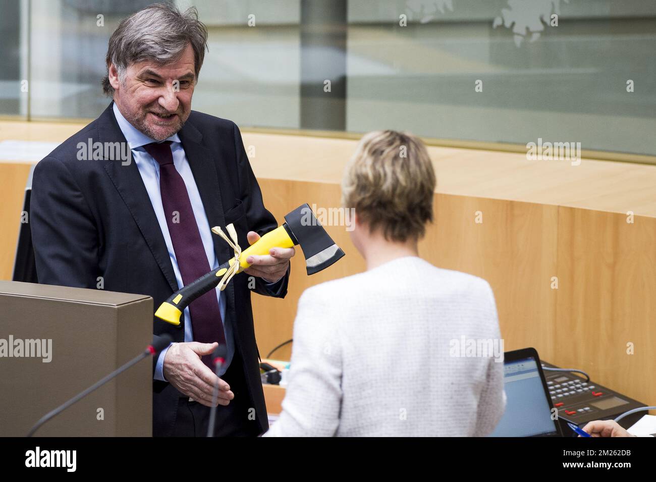NV-A's Wilfried Vandaele and Flemish Minister of Environment, Spatial Planning and Agriculture Joke Schauvliege after receiving an ax during a plenary session of the Flemish Parliament in Brussels, Wednesday 22 March 2017. BELGA PHOTO JASPER JACOBS Stock Photo