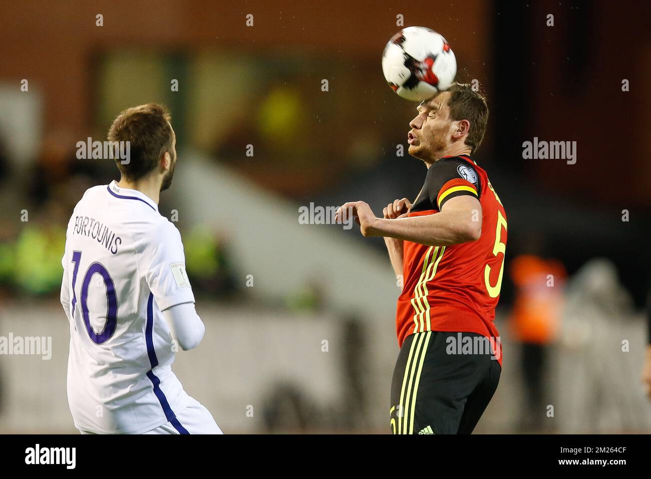 Greece's Fortounis and Belgium's Jan Vertonghen fight for the ball during a World Cup 2018 qualification game between Belgium's Red Devils Greece, Saturday 25 March 2017, at the King Baudouin