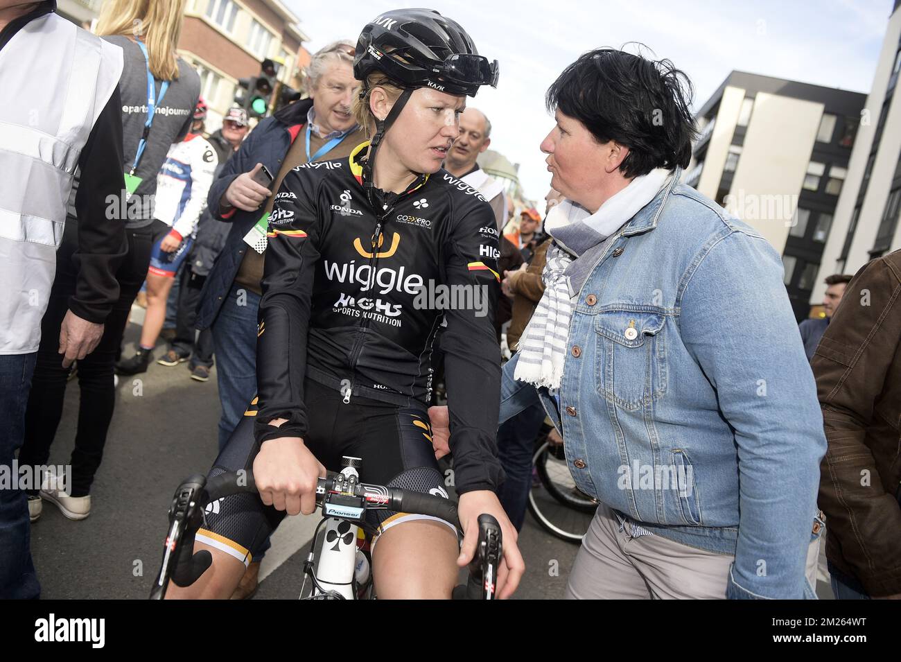 Belgian Jolien D'Hoore pictured after the arrival of the women's race of the Gent-Wevelgem one day cycling race, in Wevelgem, Sunday 26 March 2017. BELGA PHOTO YORICK JANSENS Stock Photo