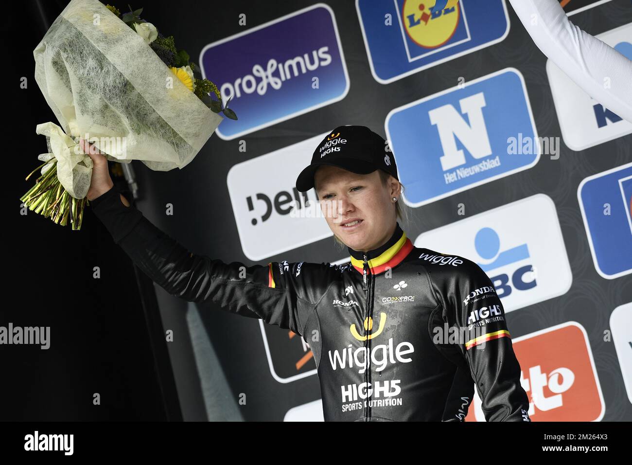 Belgian Jolien D'Hoore pictured on the podium after the women's race of the Gent-Wevelgem one day cycling race, in Wevelgem, Sunday 26 March 2017. BELGA PHOTO YORICK JANSENS Stock Photo