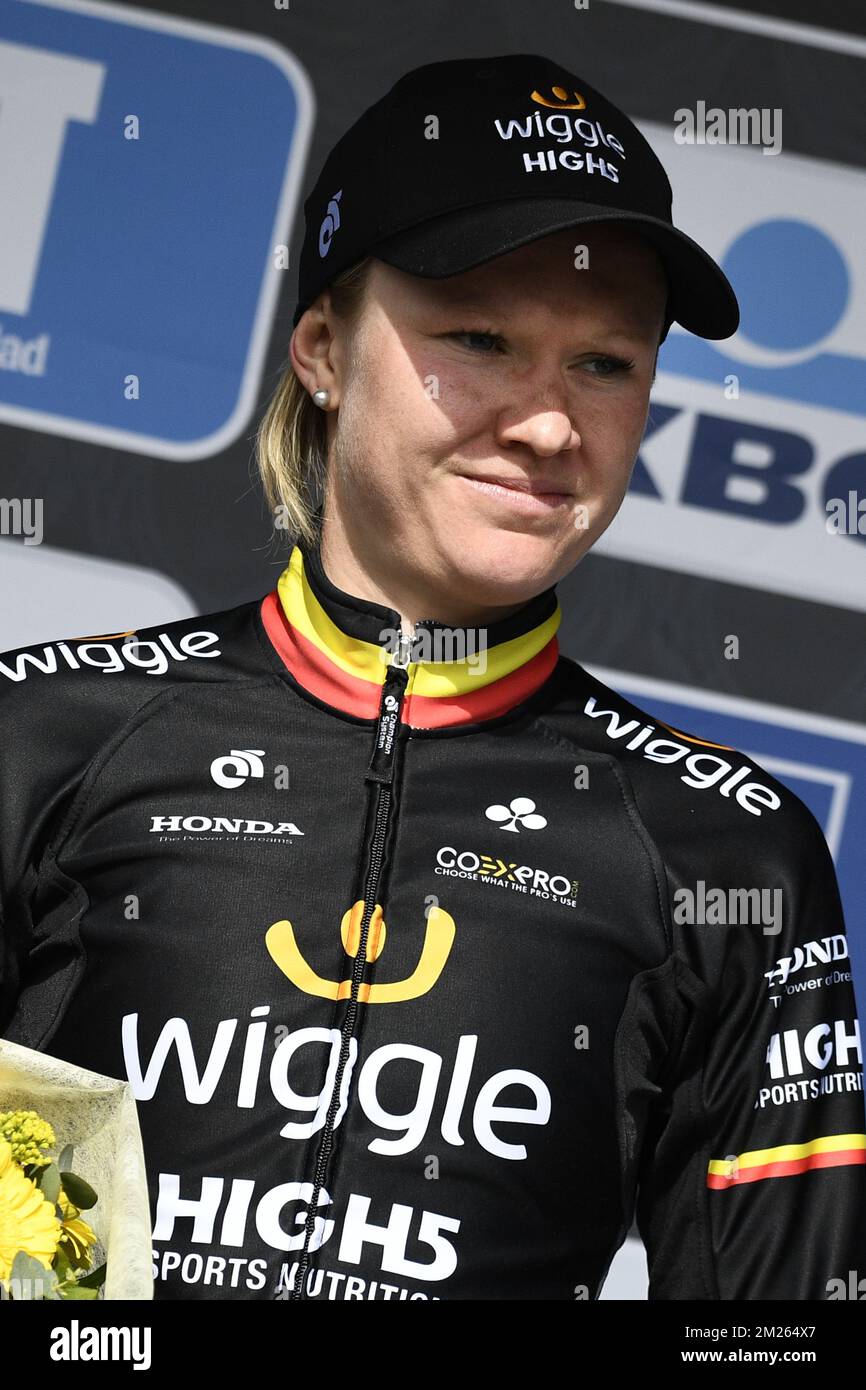 Belgian Jolien D'Hoore pictured on the podium after the women's race of the Gent-Wevelgem one day cycling race, in Wevelgem, Sunday 26 March 2017. BELGA PHOTO YORICK JANSENS Stock Photo