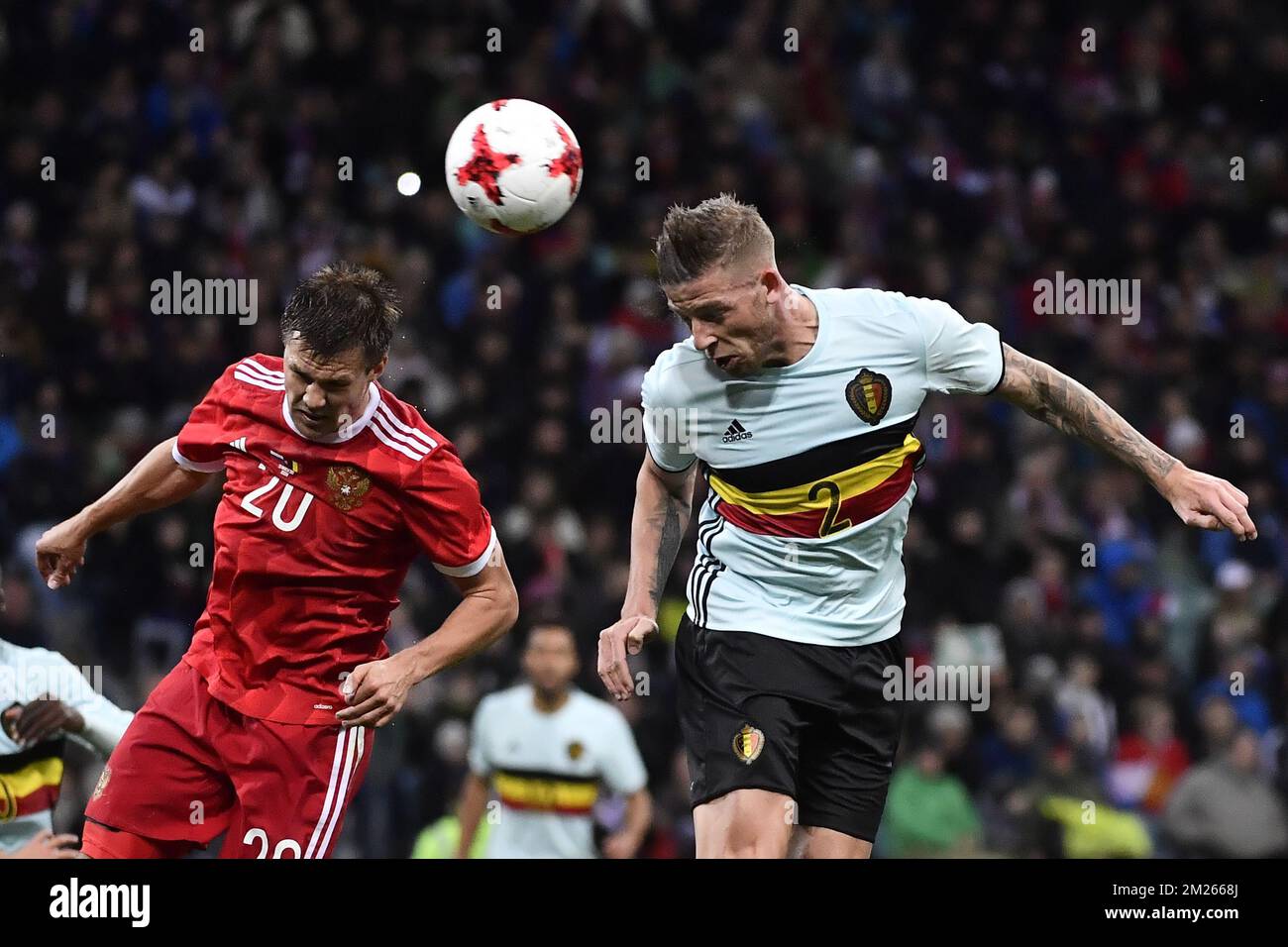 Russia's Maksim Kanunnikov and Belgium's Toby Alderweireld pictured in action during a friendly game between Belgium's Red Devils and Russia, on Tuesday 28 March 2017, in Adler, Russia. BELGA PHOTO DIRK WAEM Stock Photo