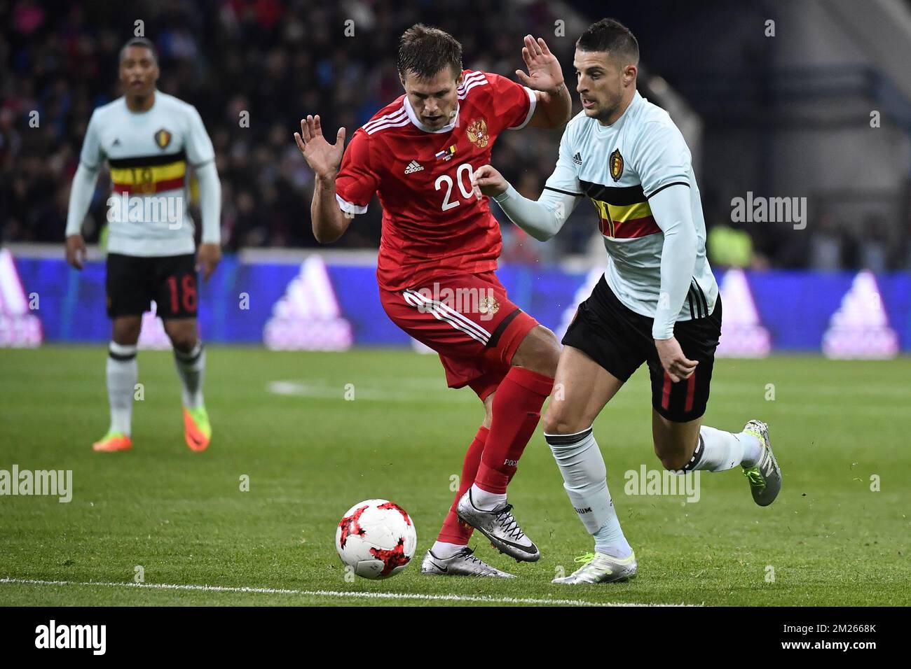 Russia's Maksim Kanunnikov and Belgium's Kevin Mirallas fight for the ball during a friendly game between Belgium's Red Devils and Russia, on Tuesday 28 March 2017, in Adler, Russia. BELGA PHOTO DIRK WAEM Stock Photo