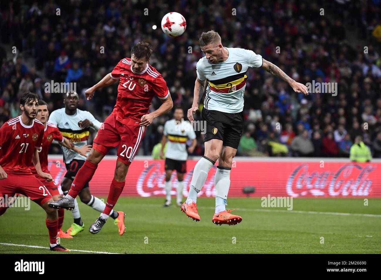 Russia's Maksim Kanunnikov and Belgium's Toby Alderweireld fight for the ball during a friendly game between Belgium's Red Devils and Russia, on Tuesday 28 March 2017, in Adler, Russia. BELGA PHOTO DIRK WAEM Stock Photo