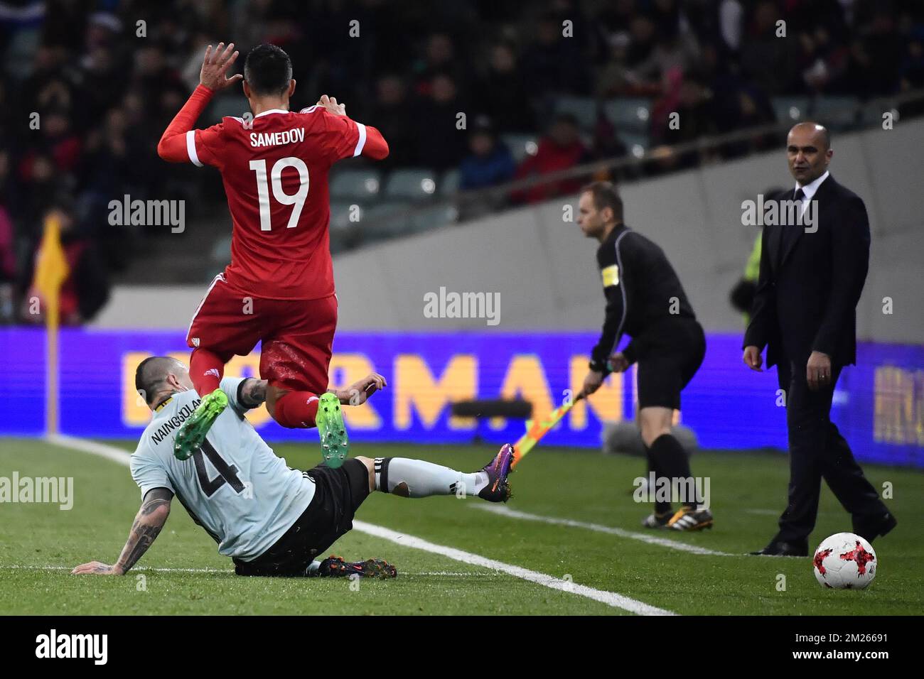 Belgium's Radja Nainggolan and Russia's Aleksandr Samedov fight for the ball during a friendly game between Belgium's Red Devils and Russia, on Tuesday 28 March 2017, in Adler, Russia. BELGA PHOTO DIRK WAEM Stock Photo