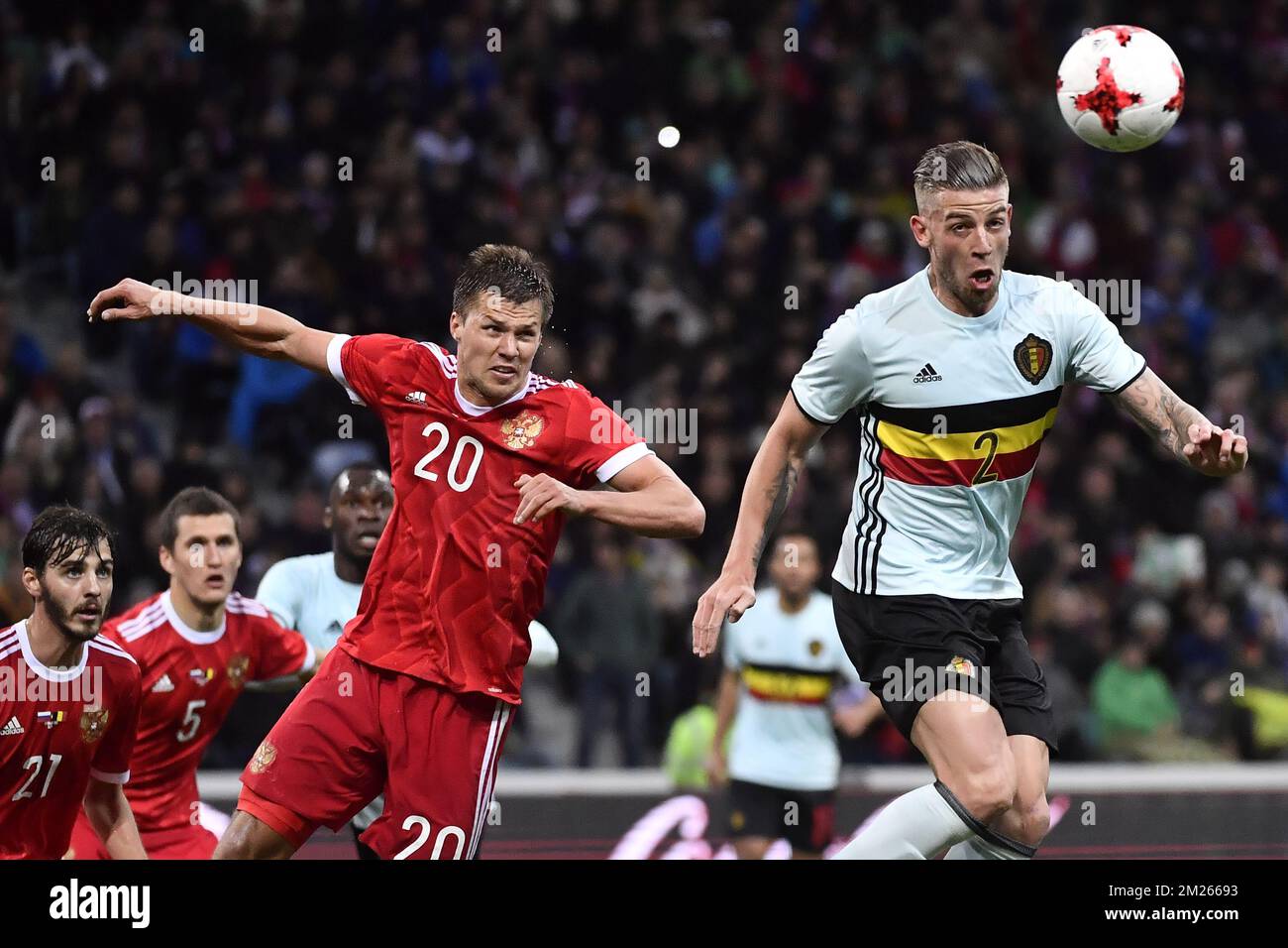 Russia's Maksim Kanunnikov and Belgium's Toby Alderweireld fight for the ball during a friendly game between Belgium's Red Devils and Russia, on Tuesday 28 March 2017, in Adler, Russia. BELGA PHOTO DIRK WAEM Stock Photo