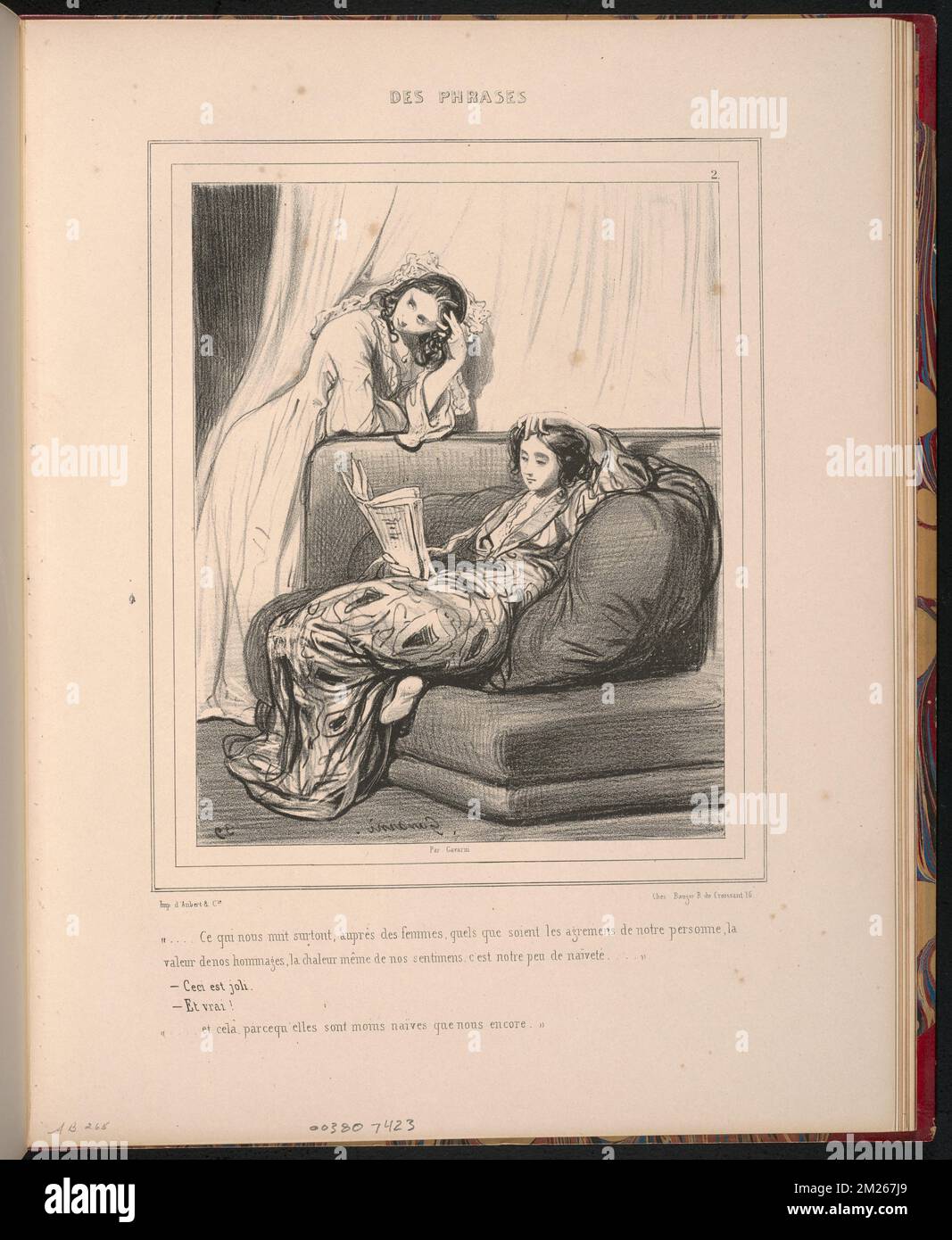 '...Ce qui nous nuit surtout auprès des femmes, quels que soient les agrémens (sic) de notre personne, la - valeur de nos hommages, la chaleur de nos sentimens (sic), c'est notre peu de naïveté...' - Ceci est joli. - Et vrai! - '...et cela parce qu'elles sont moins naïves que nous encore.' ,. Paul Gavarni (1804-1866). Lithographs and Other Works Stock Photo