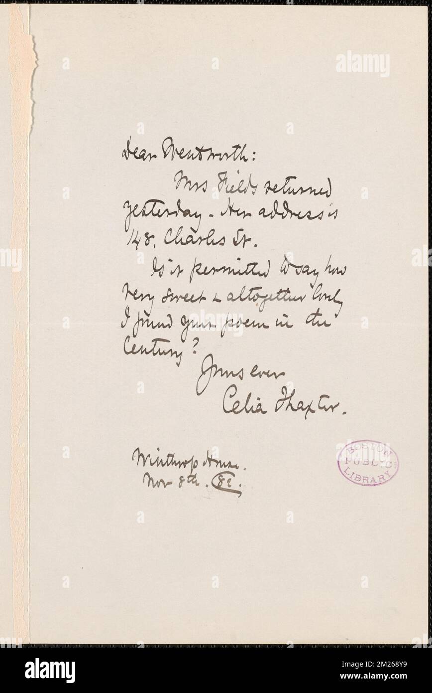 Celia Thaxter autograph note signed to Thomas Wentworth Higginson ...