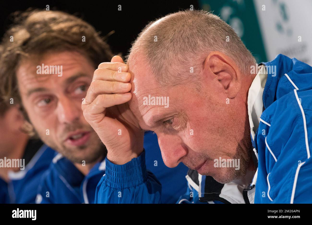 Italian Paolo Lorenzi and Italian captain Corrado Barazzutti pictured during a press conference of Italian team ahead of the Davis Cup World Group quarterfinal between Belgium and Italy, Tuesday 04 April 2017, in Charleroi. This Davis Cup game will be played from 07 to 09 April 2017 in Charleroi. BELGA PHOTO BENOIT DOPPAGNE Stock Photo