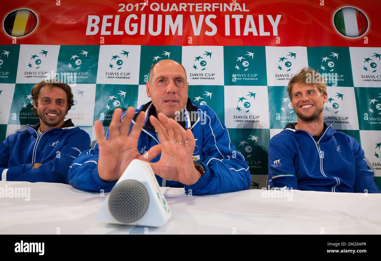 Italian Paolo Lorenzi, Italian captain Corrado Barazzutti and Italian Andreas Seppi pictured during a press conference of Italian team ahead of the Davis Cup World Group quarterfinal between Belgium and Italy, Tuesday 04 April 2017, in Charleroi. This Davis Cup game will be played from 07 to 09 April 2017 in Charleroi. BELGA PHOTO BENOIT DOPPAGNE Stock Photo