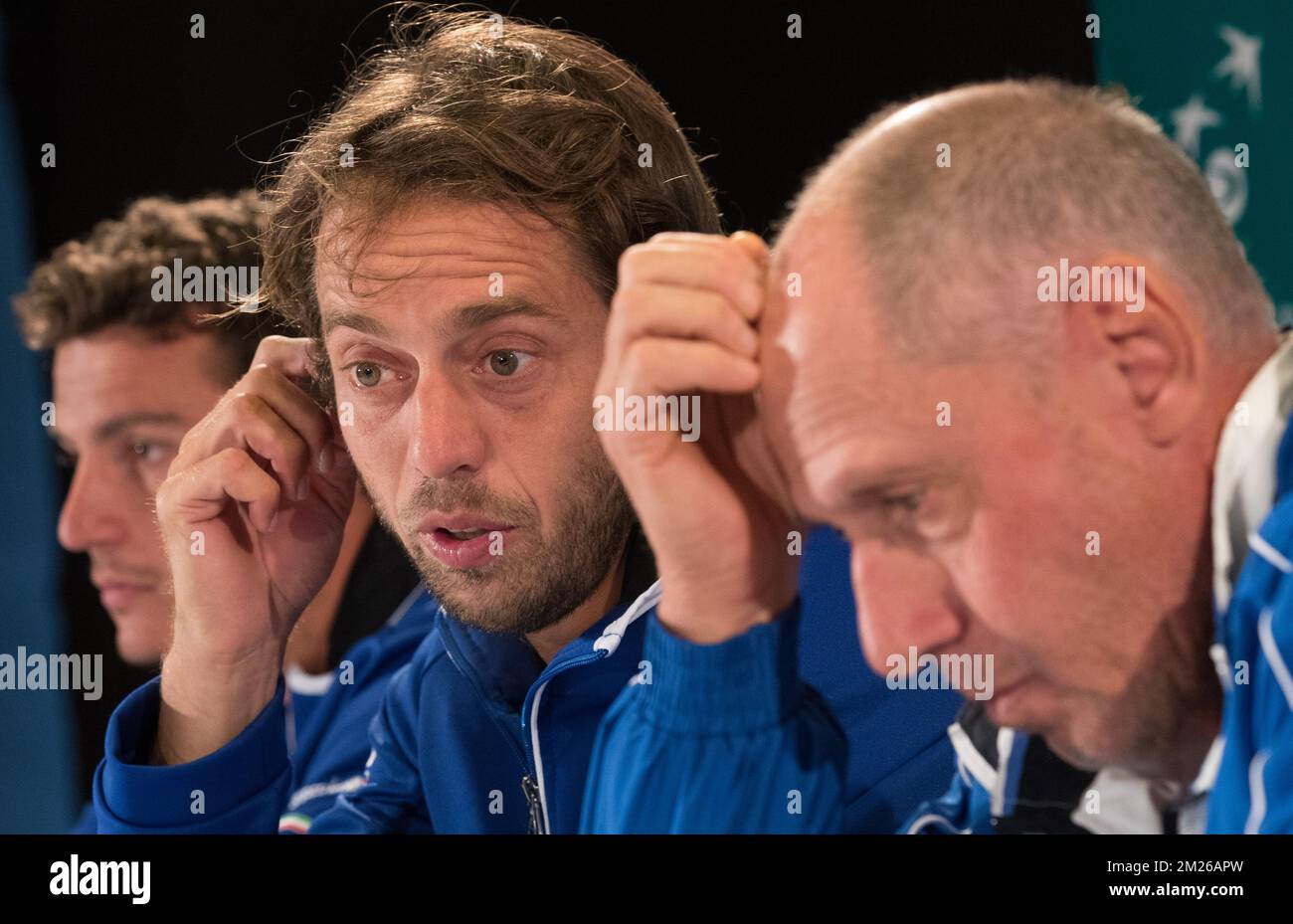 Italian Alessandro Giannessi, Italian Paolo Lorenzi and Italian captain Corrado Barazzutti pictured during a press conference of Italian team ahead of the Davis Cup World Group quarterfinal between Belgium and Italy, Tuesday 04 April 2017, in Charleroi. This Davis Cup game will be played from 07 to 09 April 2017 in Charleroi. BELGA PHOTO BENOIT DOPPAGNE Stock Photo