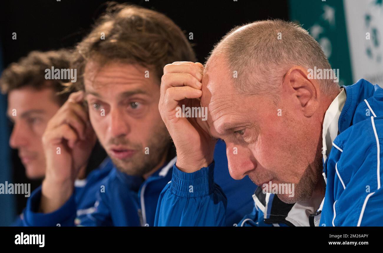 Italian Alessandro Giannessi, Italian Paolo Lorenzi and Italian captain Corrado Barazzutti pictured during a press conference of Italian team ahead of the Davis Cup World Group quarterfinal between Belgium and Italy, Tuesday 04 April 2017, in Charleroi. This Davis Cup game will be played from 07 to 09 April 2017 in Charleroi. BELGA PHOTO BENOIT DOPPAGNE Stock Photo