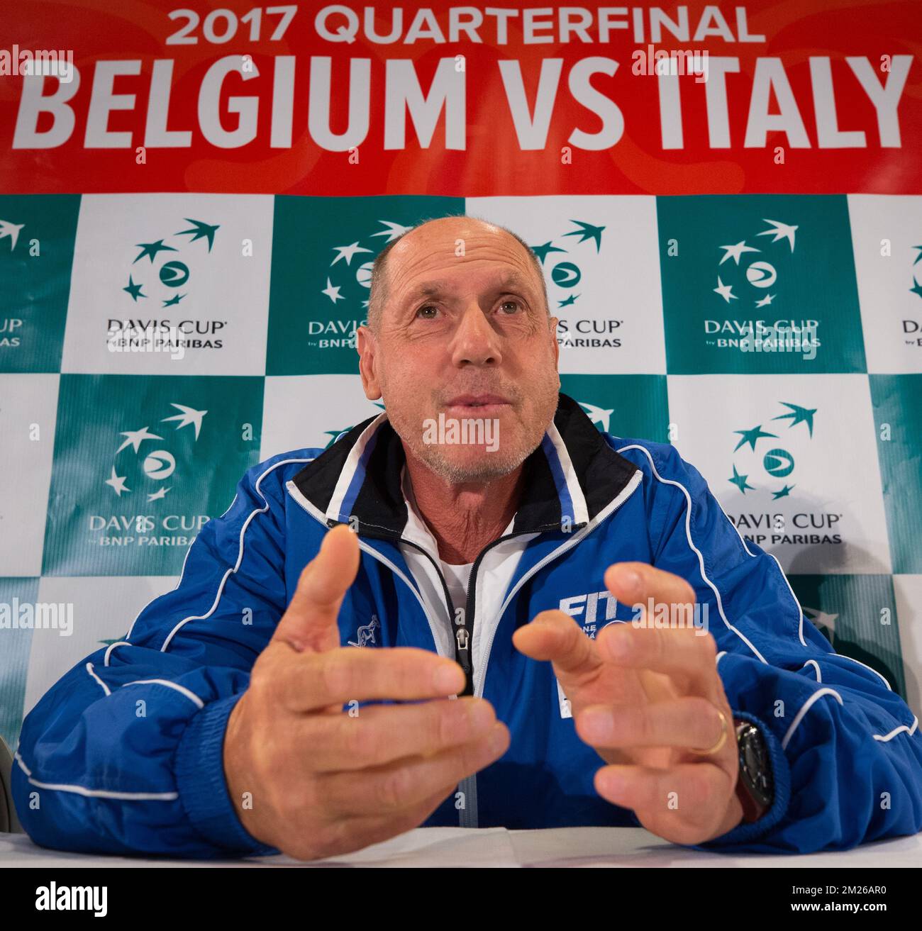 Italian captain Corrado Barazzutti pictured during a press conference of Italian team ahead of the Davis Cup World Group quarterfinal between Belgium and Italy, Tuesday 04 April 2017, in Charleroi. This Davis Cup game will be played from 07 to 09 April 2017 in Charleroi. BELGA PHOTO BENOIT DOPPAGNE Stock Photo