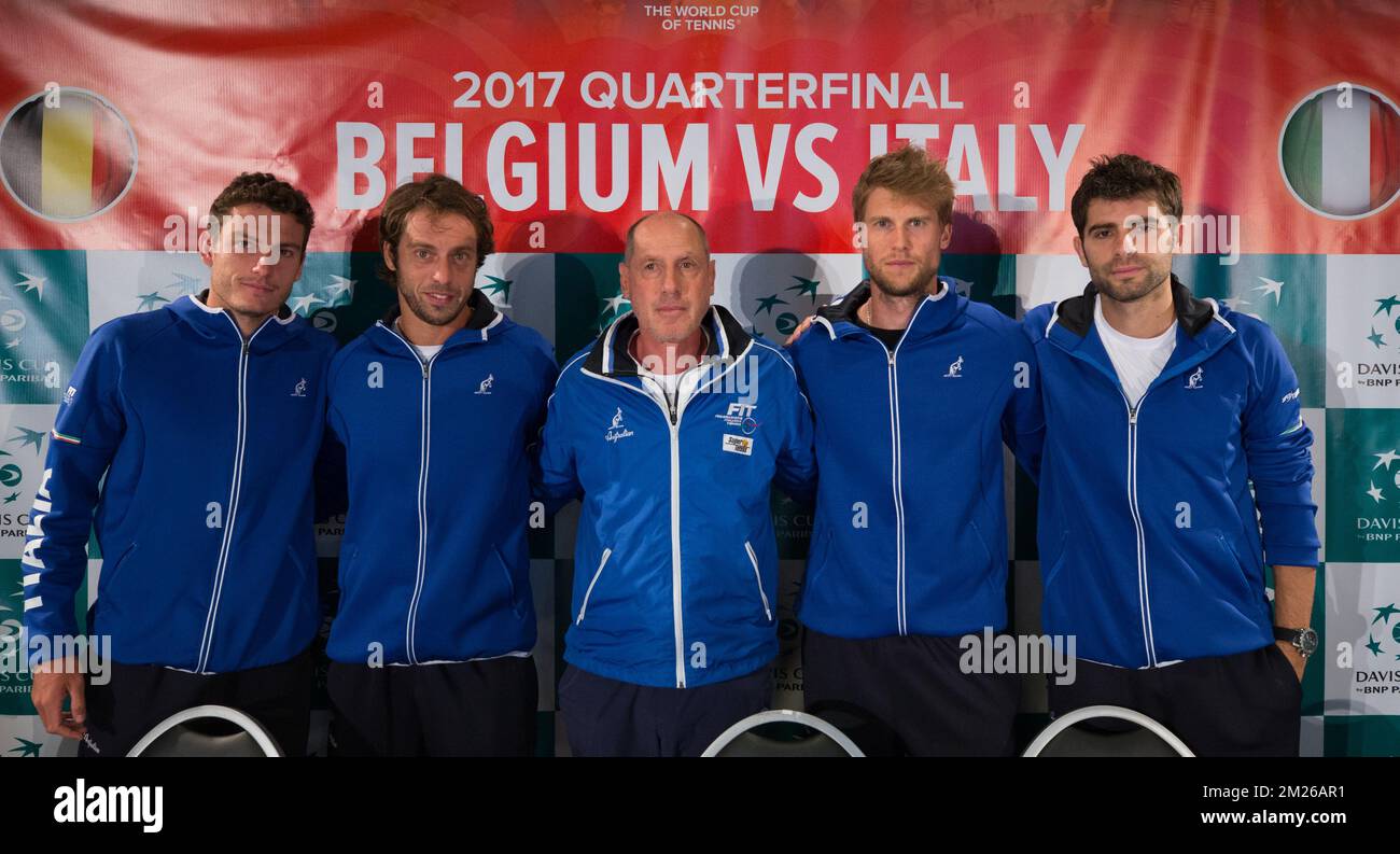 Italian Alessandro Giannessi, Italian Paolo Lorenzi, Italian captain Corrado Barazzutti, Italian Andreas Seppi and Italian Simone Bolelli pose for the photographer a press conference of Italian team ahead of the Davis Cup World Group quarterfinal between Belgium and Italy, Tuesday 04 April 2017, in Charleroi. This Davis Cup game will be played from 07 to 09 April 2017 in Charleroi. BELGA PHOTO BENOIT DOPPAGNE Stock Photo