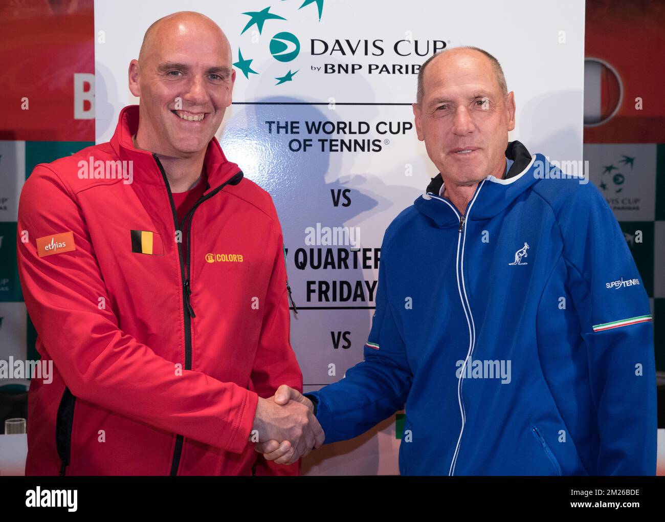 Davis Cup captain Johan Van Herck and Italian captain Corrado Barazzutti pose for photographers during the draw ahead of the Davis Cup World Group quarterfinal between Belgium and Italy, Thursday 06 April 2017, in Charleroi. This Davis Cup game will be played from 07 to 09 April 2017 in Charleroi. BELGA PHOTO BENOIT DOPPAGNE Stock Photo