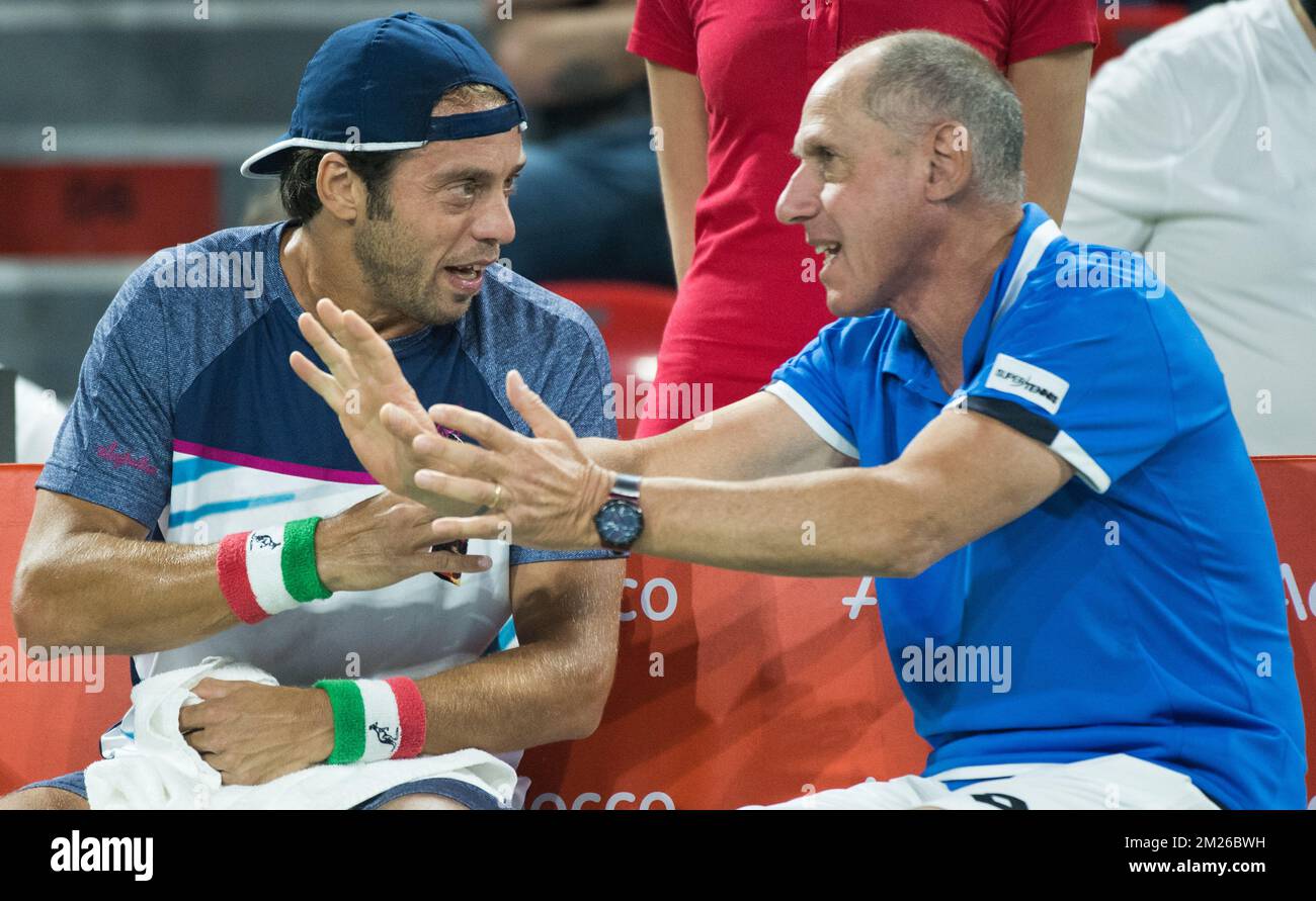 Italian Paolo Lorenzi and Italian captain Corrado Barazzutti pictured during the first game between Belgian Steve Darcis and Italian Paolo Lorenzi at the Davis Cup World Group quarterfinal between Belgium and Italy, Friday 07 April 2017, in Charleroi. BELGA PHOTO BENOIT DOPPAGNE Stock Photo
