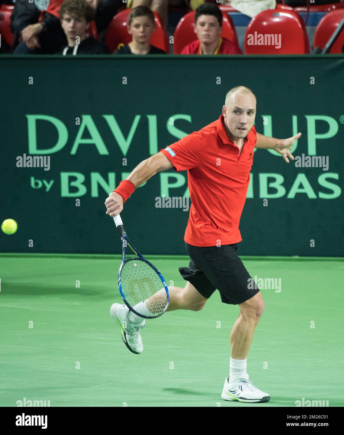 Belgian Steve Darcis pictured during the first game between Belgian Steve  Darcis and Italian Paolo Lorenzi at the Davis Cup World Group quarterfinal  between Belgium and Italy, Friday 07 April 2017, in