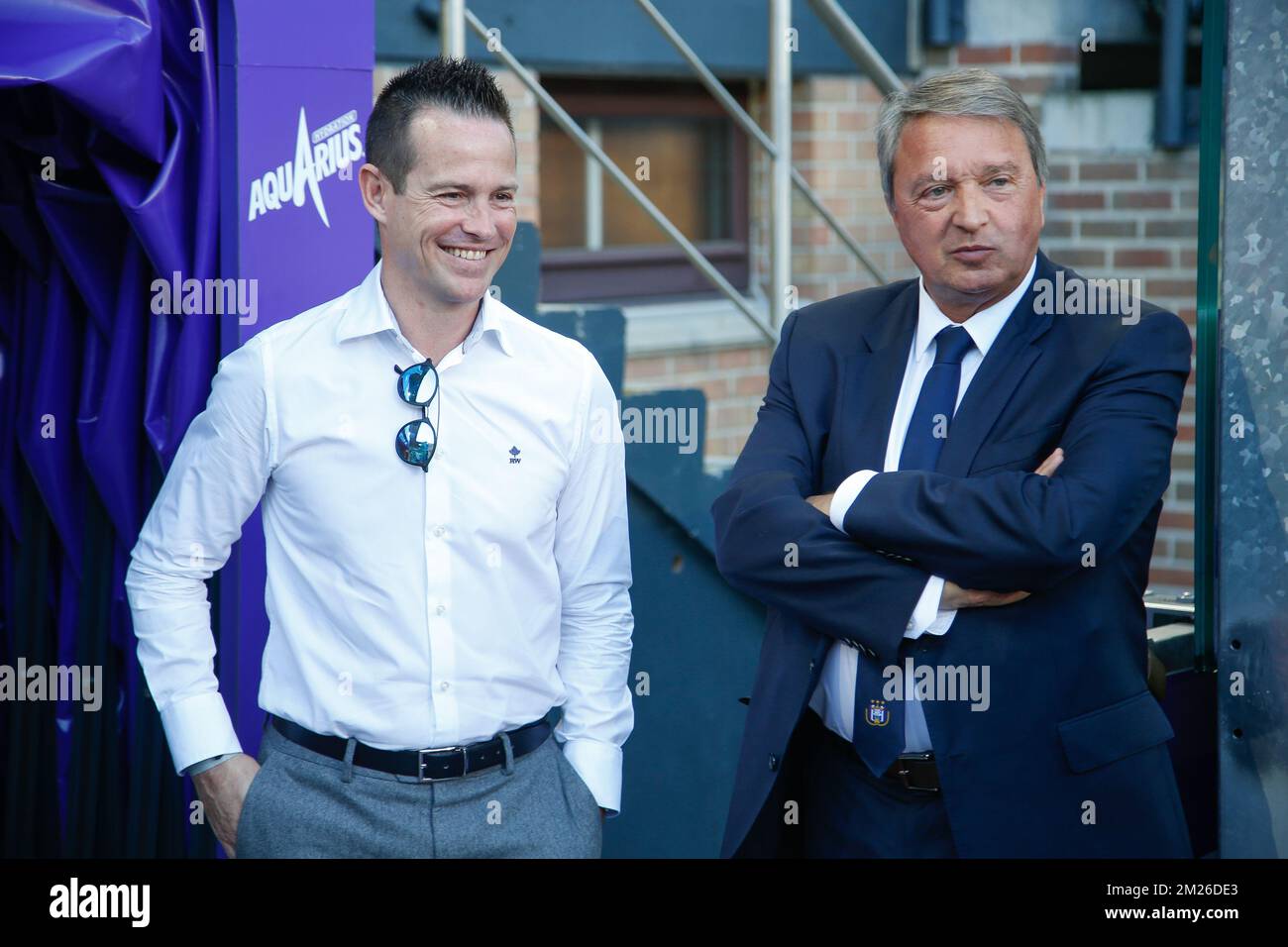 Former Anderlecht player Gilles De Bilde and Anderlecht's manager Herman Van Holsbeeck pictured at the start of the Jupiler Pro League match between RSC Anderlecht and KAA Gent, in Brussels, Sunday 09 April 2017, on day 2 (out of 10) of the Play-off 1 of the Belgian soccer championship. BELGA PHOTO BRUNO FAHY Stock Photo