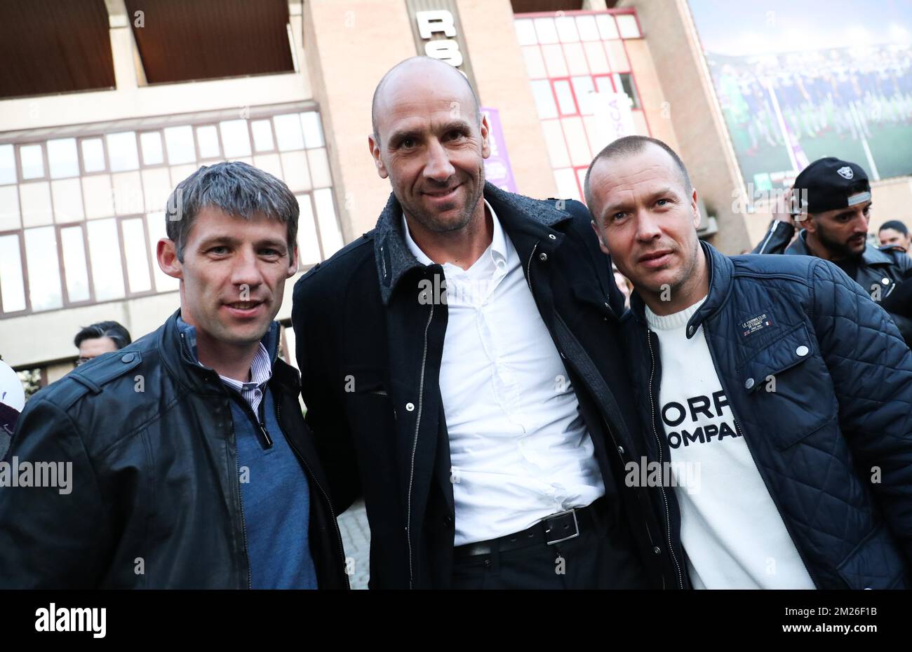 Oleg Yashchuk, Jan Koller and Par Zetterberg pictured during a soccer game between Belgian team RSC Anderlecht and English club Manchester United F.C. in Brussels, Thursday 13 April 2017, the first leg of the quarter finals of the Europa League competition. BELGA PHOTO VIRGINIE LEFOUR  Stock Photo