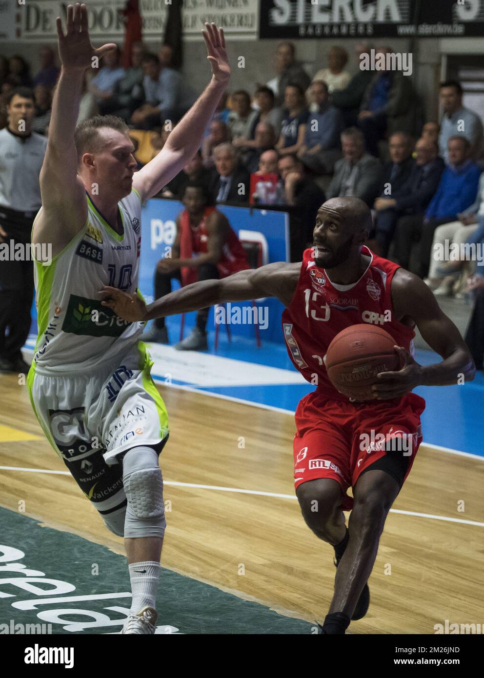 Aalstar's Olivier Troisfontaines and Charleroi's Keaton Grant fight for the  ball during the basketball game between Okapi Aalstar and Spirou Charleroi,  on day 31 of the EuroMillions League basket competition, on Friday