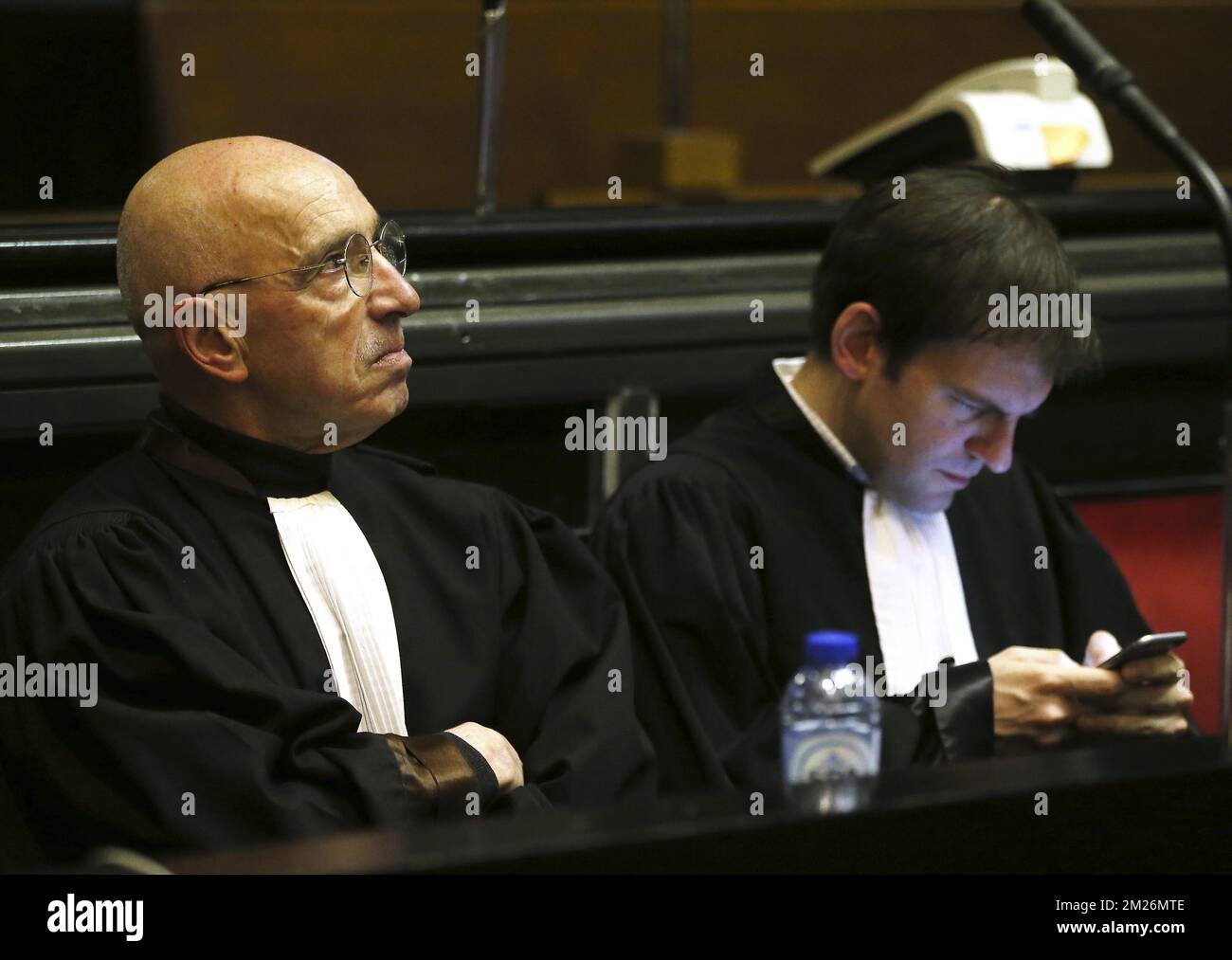 Lawyer Bernard Tieleman and Lawyer Jean Thomas Stoquart pictured during at a session of the assize trial of Driss El Akra (23), before the assize court of Brussels Capital for the murder Said Al Ahiane (40), on Monday 24 April 2017, in Brussels. BELGA PHOTO NICOLAS MAETERLINCK Stock Photo