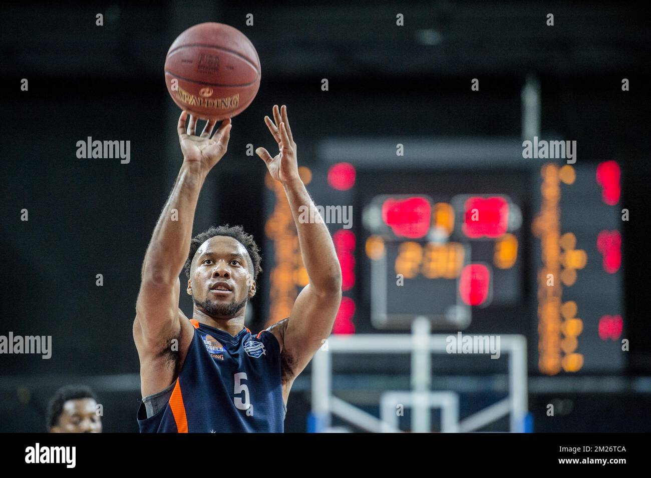 Brussels' Chris Dowe throws a free throw during the basketball game between  Port of Antwerp Giants and Basic-Fit Brussels, on day 33 of the  EuroMillions League basket competition, on Sunday 30 April