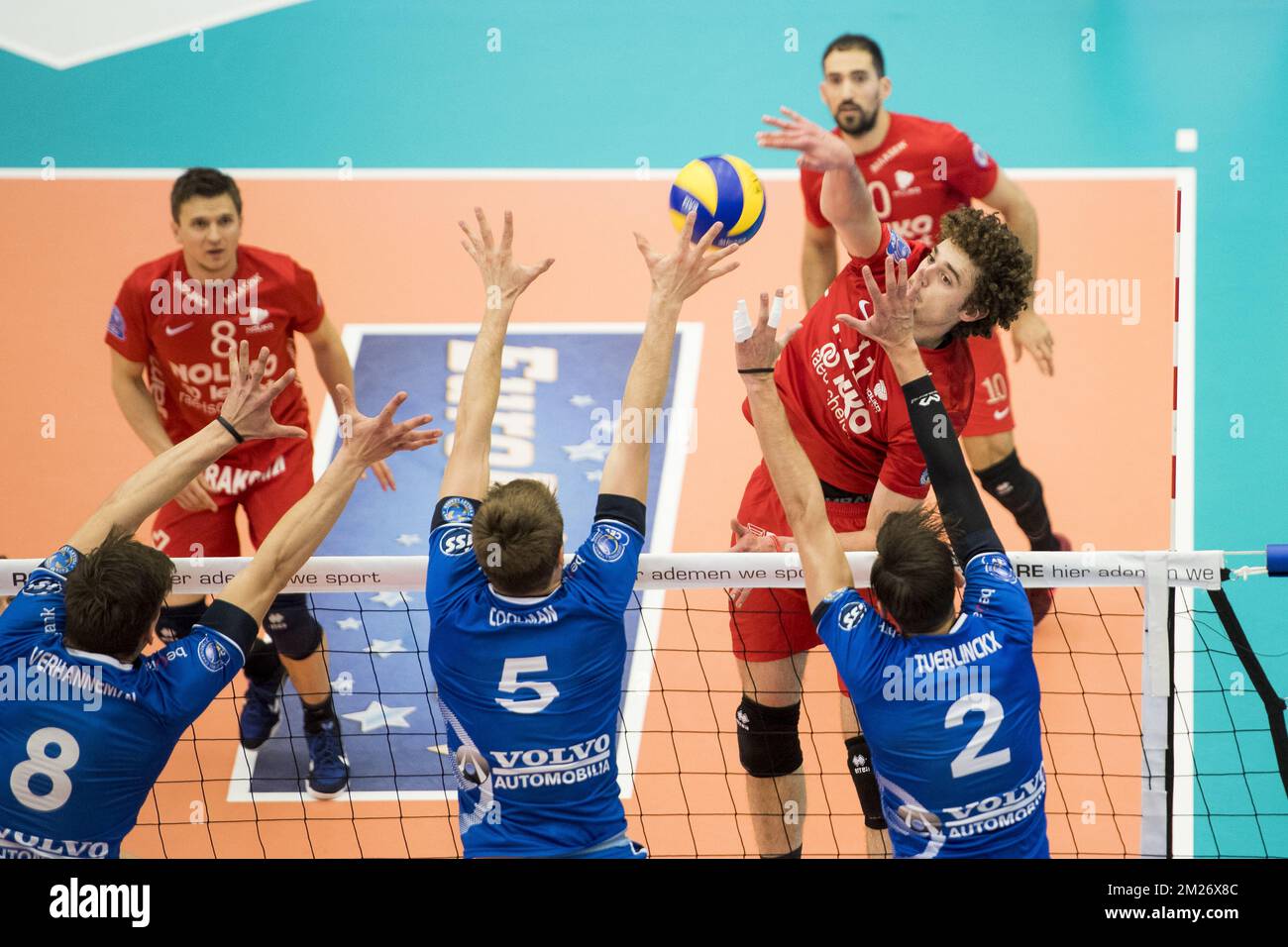 Roeselare's Matthijs Verhanneman, Roeselare's Pieter Coolman, Maaseik's  Kamil Rychlicki and Roeselare's Hendrik Tuerlinckx fight for the ball  during the match between Knack Roeselare and Noliko Maaseik in the Play  Offs of the