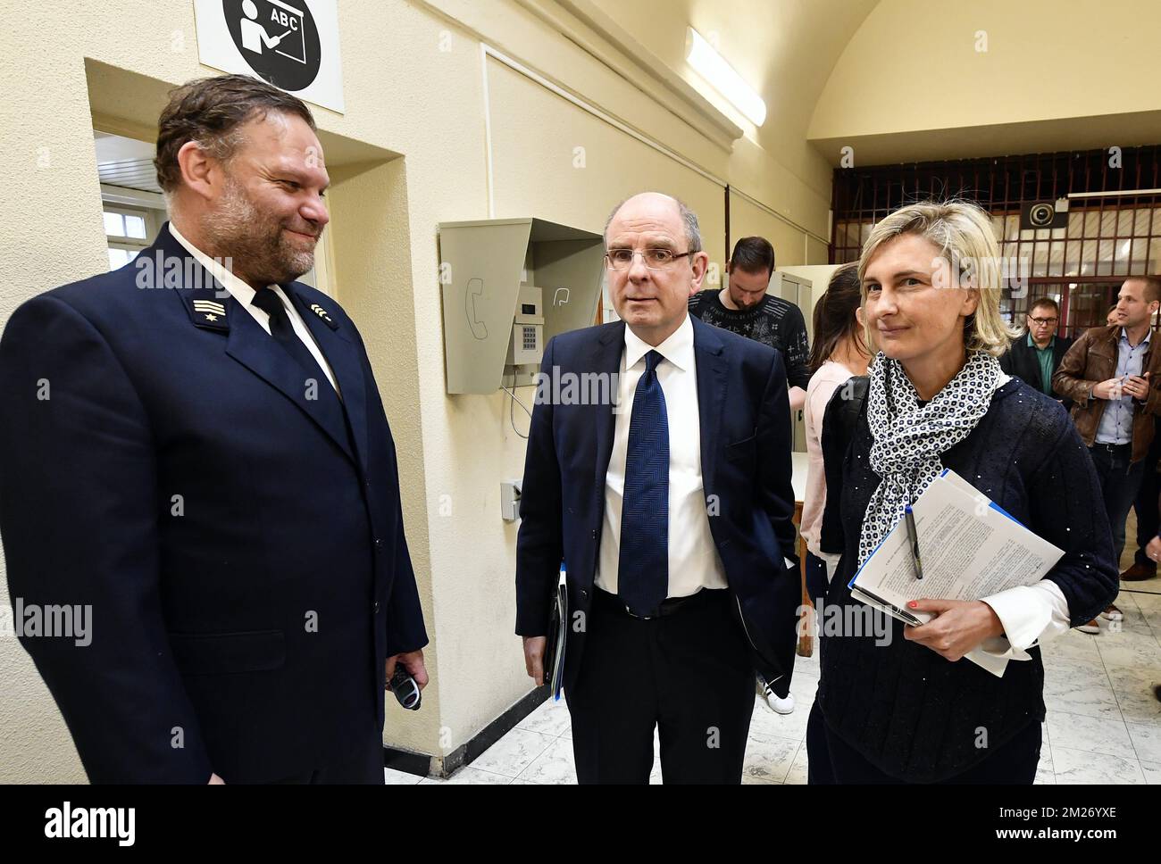 Antwerp prison's Karel Buyse, Minister of Justice Koen Geens and Flemish Minister of Education Hilde Crevits pictured during a visit to the Antwerp prison, Monday 08 May 2017. BELGA PHOTO ERIC LALMAND  Stock Photo