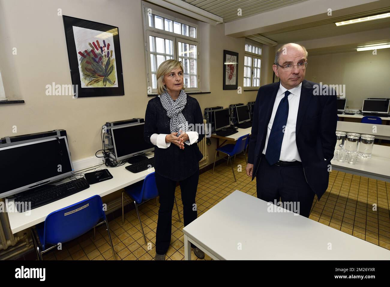 Flemish Minister of Education Hilde Crevits and Minister of Justice Koen Geens pictured during a visit to the Antwerp prison, Monday 08 May 2017. BELGA PHOTO ERIC LALMAND  Stock Photo