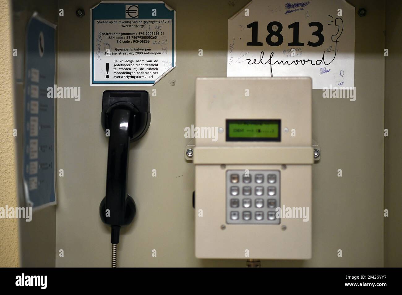 Illustration picture shows a telephone at the Antwerp prison, Monday 08 May 2017. BELGA PHOTO ERIC LALMAND  Stock Photo