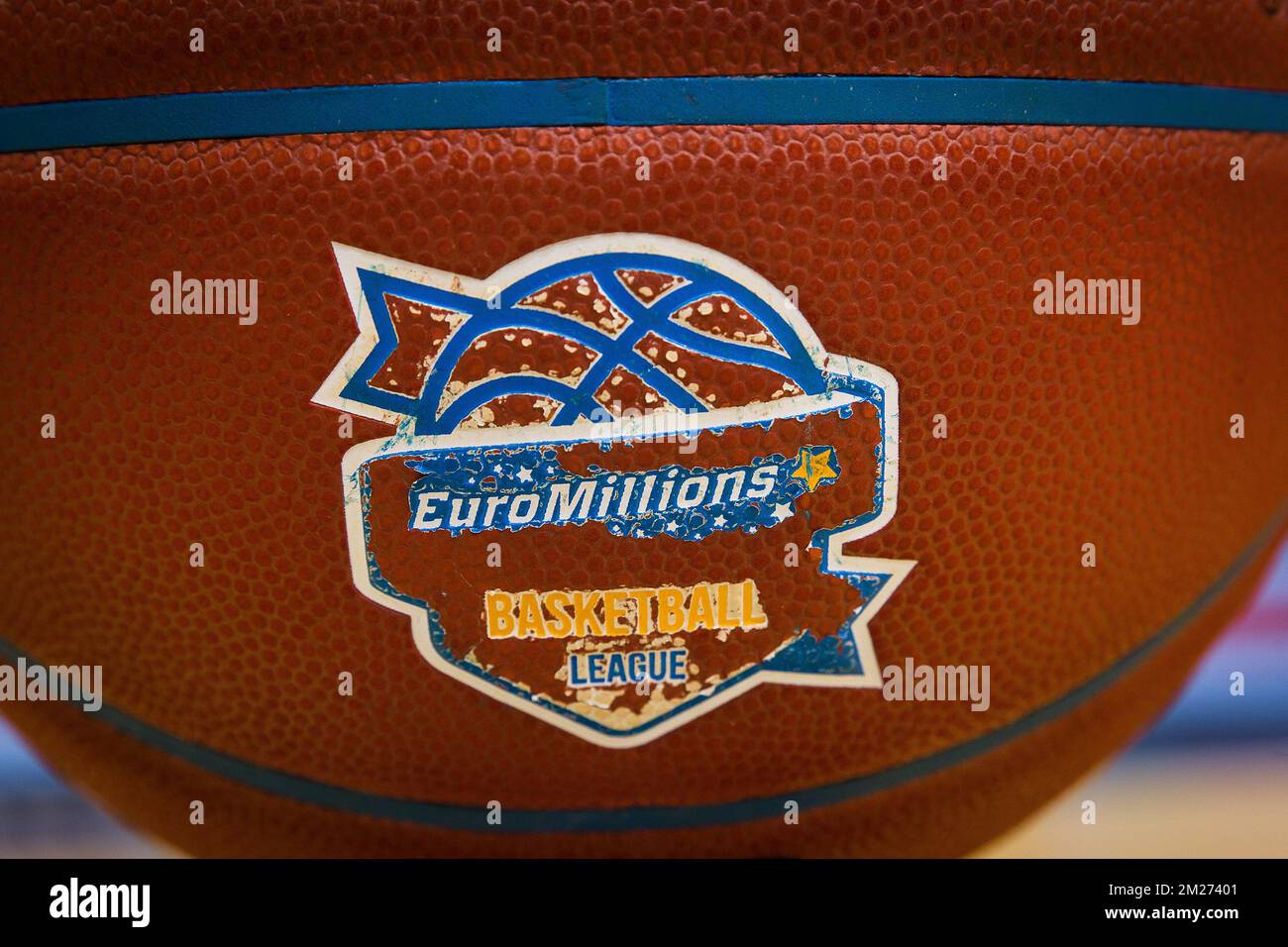 Illustration picture shows new logo of head sponsor Euromillions Basketball  League during the basketball game between BC Oostende and Kangoeroes  Willebroek, the first match (out of three) of the quarter finals of