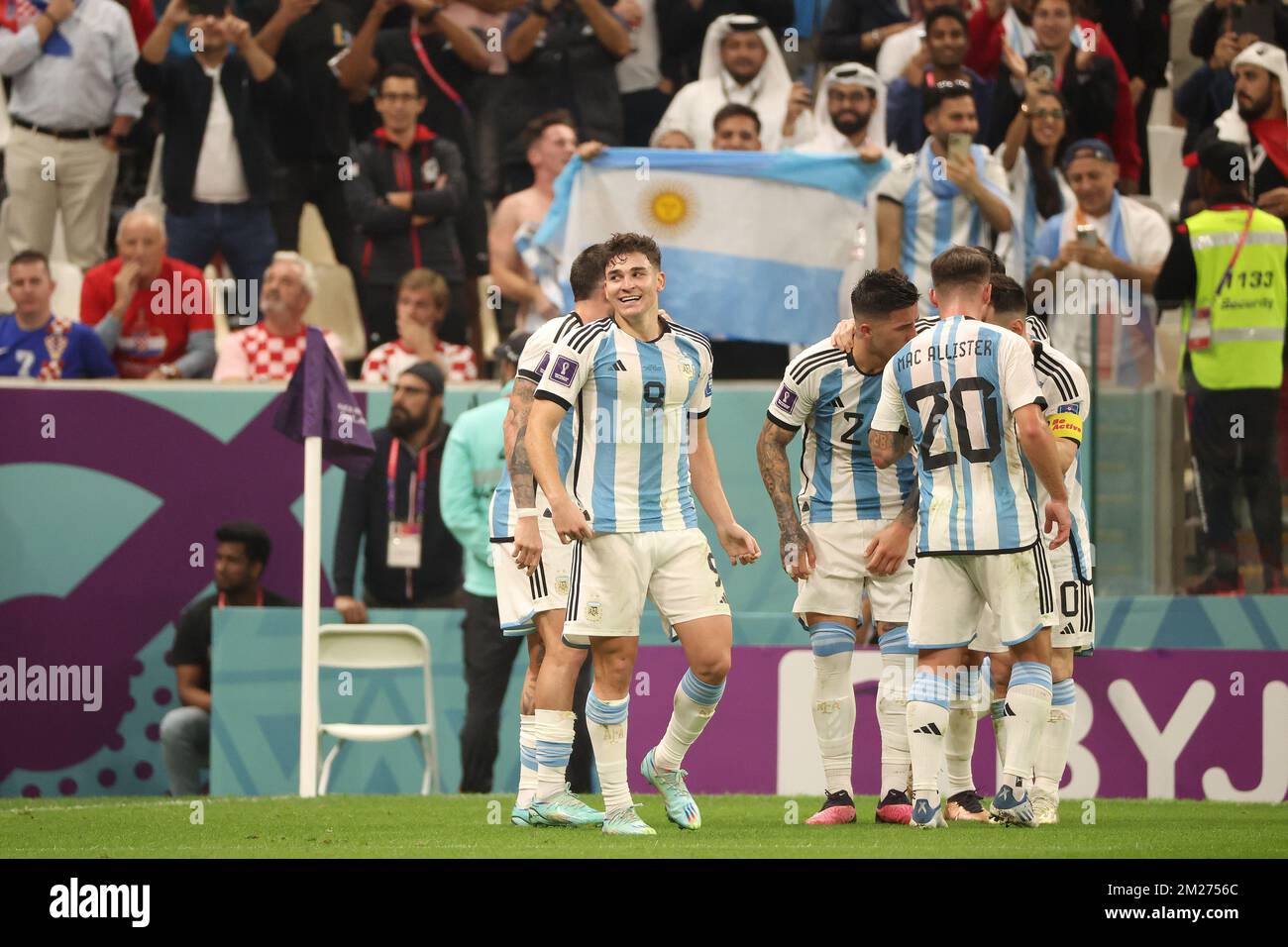Julian Álvarez of Argentina celebrates his goal with team mates during the FIFA World Cup 2022, Semi-final football match between Argentina and Croatia on December 13, 2022 at Lusail Stadium in Al Daayen, Qatar - Photo Jean Catuffe / DPPI Stock Photo