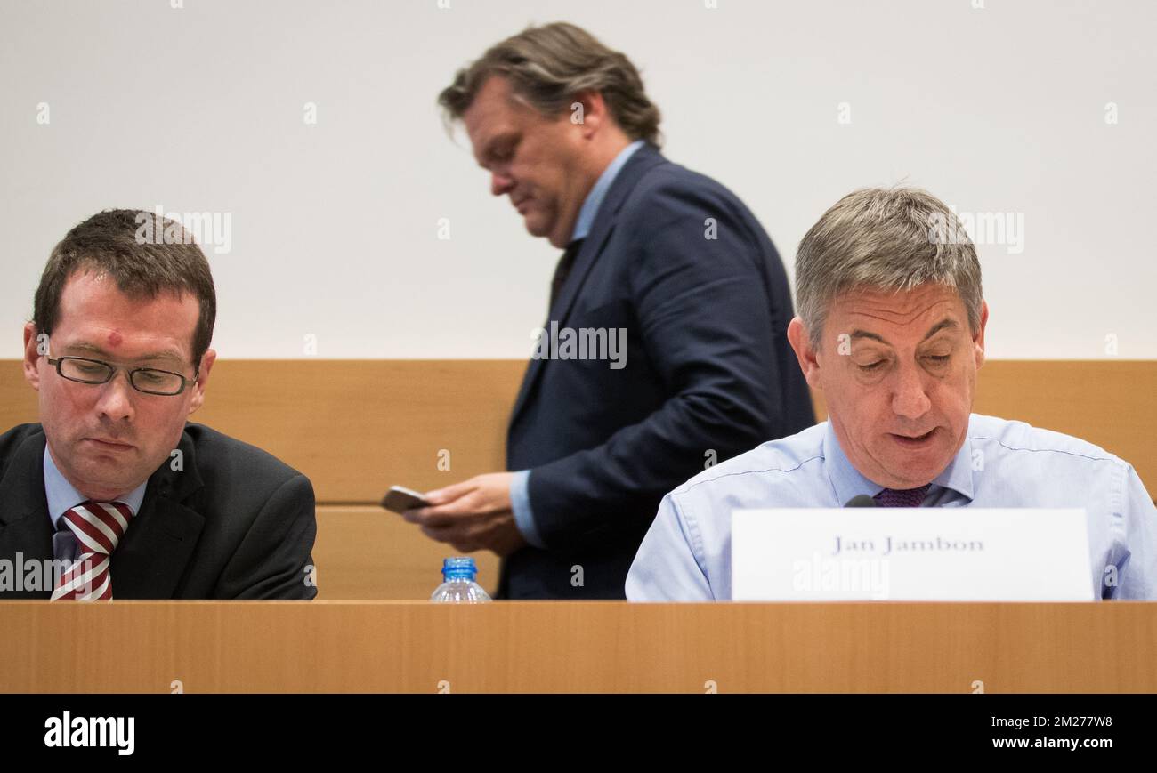 N-VA's Member David Rombouts, N-VA's Robert Van de Velde and Vice-Prime Minister and Interior Minister Jan Jambon pictured during a session of the parliamentary inquiry commission on the plea agreement, at the federal parliament, in Brussels, Monday 22 May 2017. This commission inquires the circumstances which led to the approbation and the application of the law of 14 April 2011 on the plea agreement. BELGA PHOTO BENOIT DOPPAGNE Stock Photo