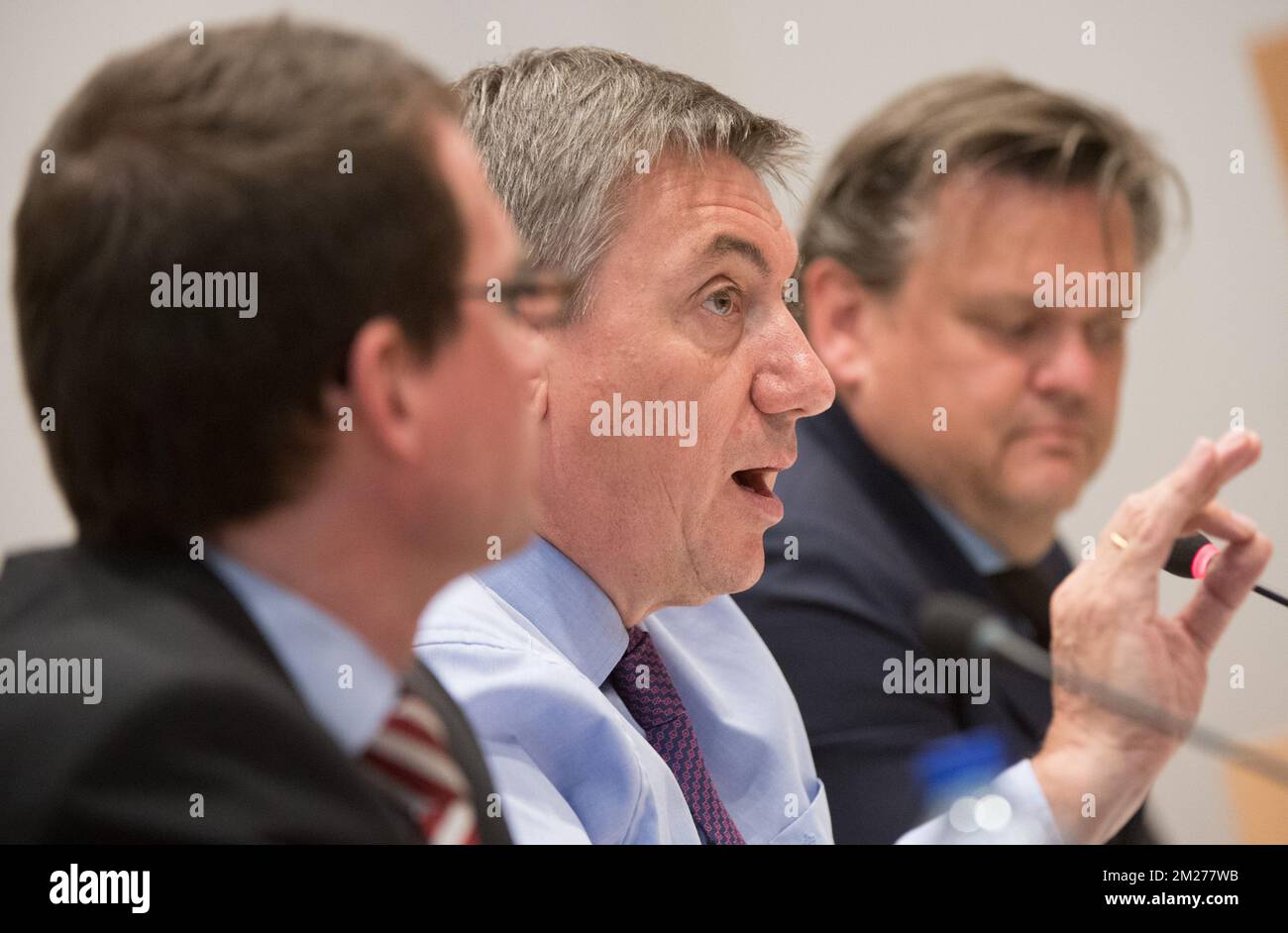 N-VA's Member David Rombouts, Vice-Prime Minister and Interior Minister Jan Jambon and N-VA's Robert Van de Velde pictured during a session of the parliamentary inquiry commission on the plea agreement, at the federal parliament, in Brussels, Monday 22 May 2017. This commission inquires the circumstances which led to the approbation and the application of the law of 14 April 2011 on the plea agreement. BELGA PHOTO BENOIT DOPPAGNE Stock Photo