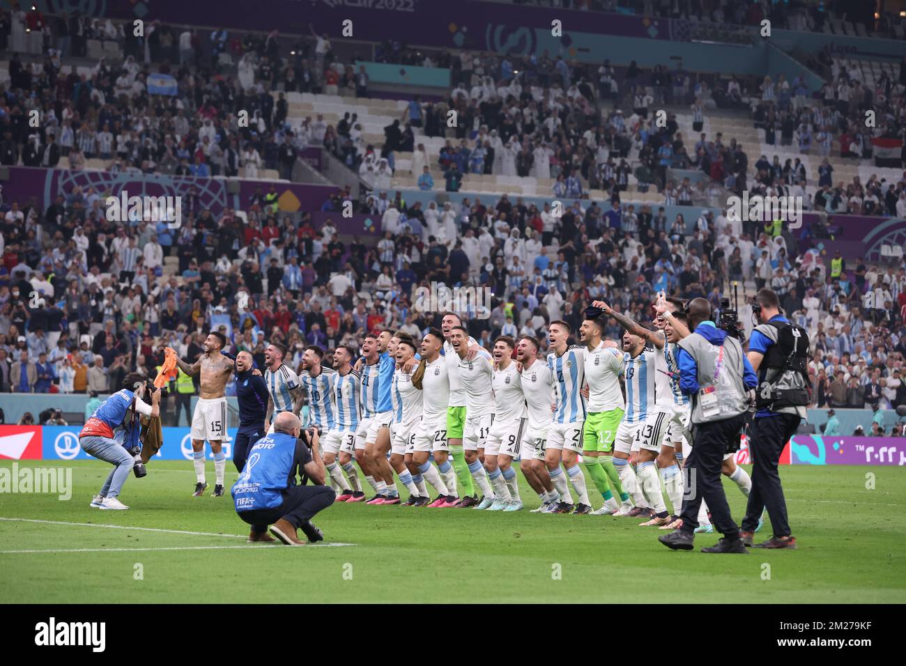 LUSAIL STADIUM, QATAR - DECEMBER 13: Argentinian team celebrating after the FIFA World Cup Qatar 2022 semi-final match between Croatia and Argentina at Lusail Stadium on December 13, 2022 in Qatar.  Photo: Igor Kralj/PIXSELL Stock Photo