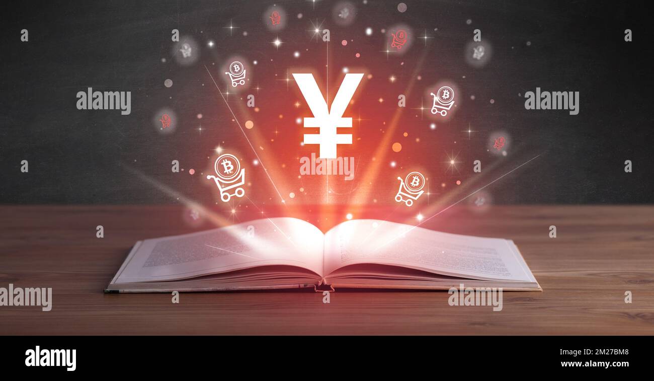 Open book with currency icons above Stock Photo - Alamy