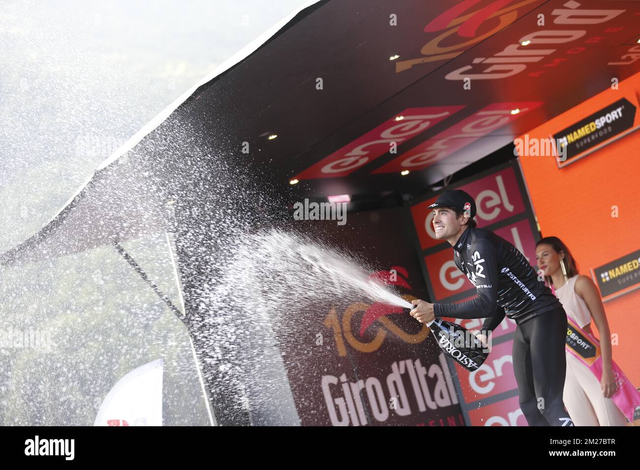 Spanish Mikel Landa of Team Sky celebrates on the podium after winning the nineteenth stage of the Giro 2017 cycling tour, 191 km from San Candido/Innichen to Piancavallo, Italy, Friday 26 May 2017. BELGA PHOTO YUZURU SUNADA  Stock Photo