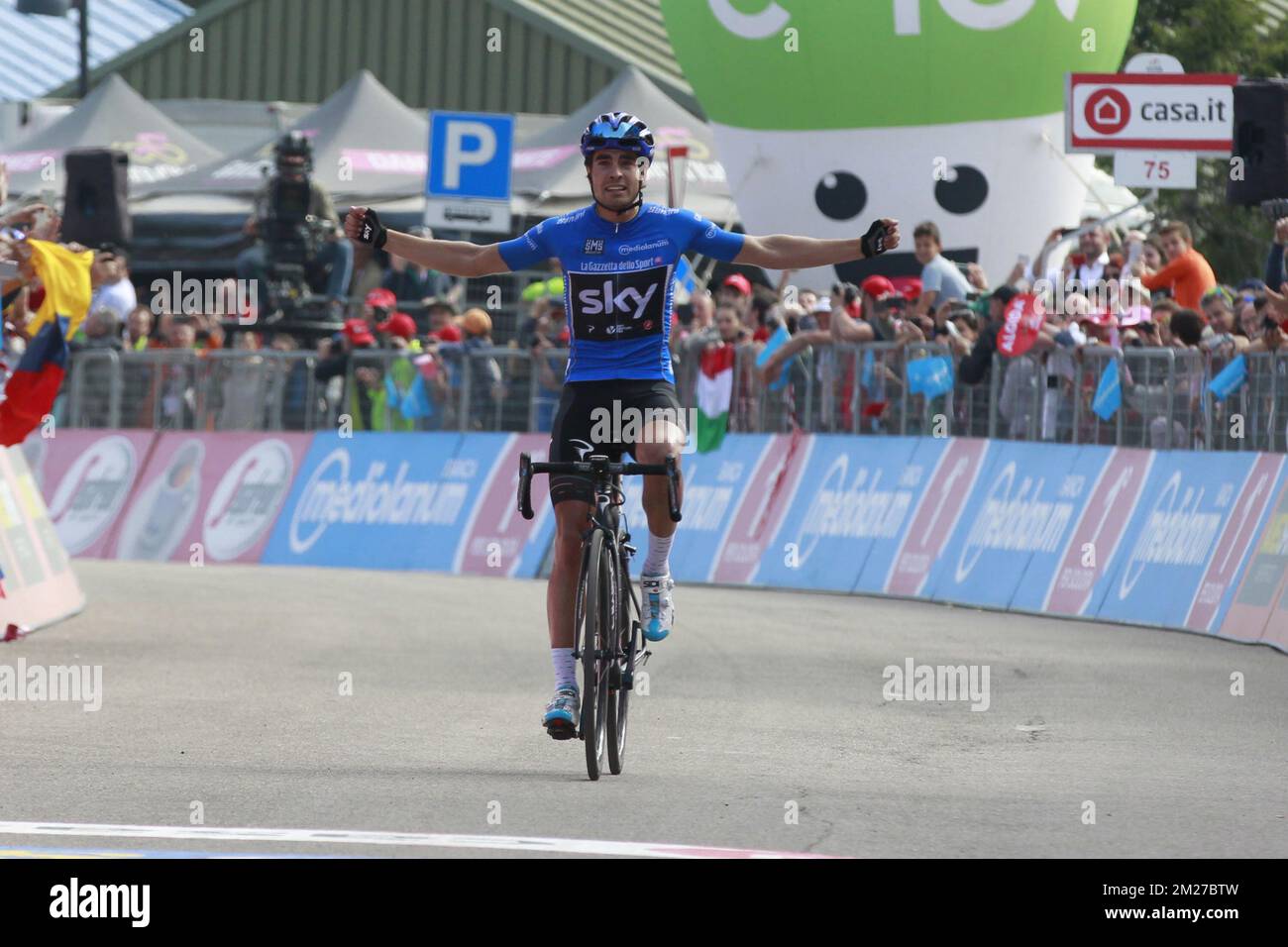 Spanish Mikel Landa of Team Sky celebrates as he crosses the finish line to win the nineteenth stage of the Giro 2017 cycling tour, 191 km from San Candido/Innichen to Piancavallo, Italy, Friday 26 May 2017. BELGA PHOTO YUZURU SUNADA  Stock Photo