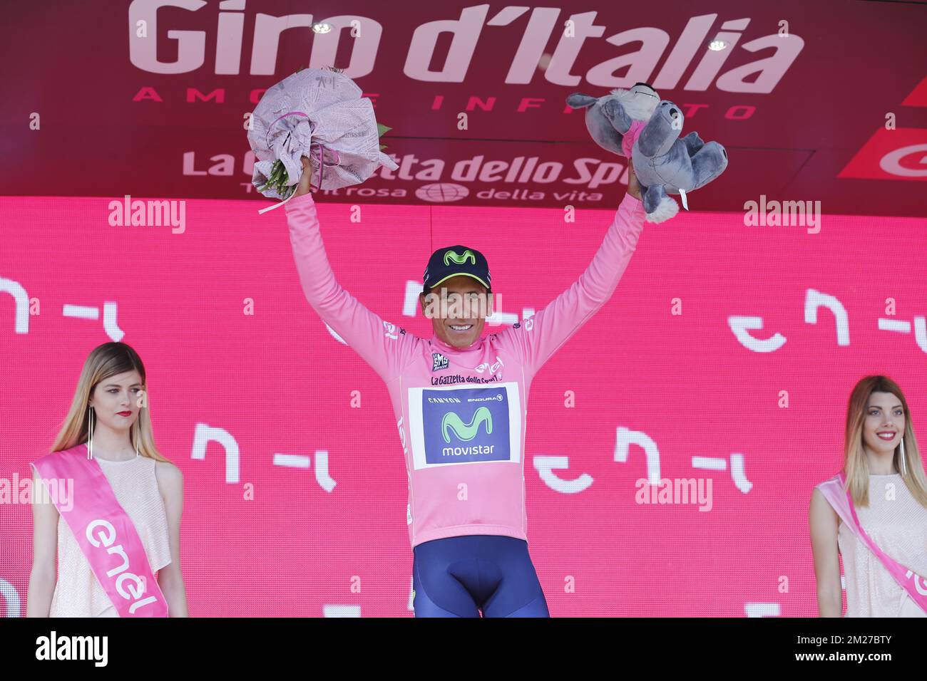 Colombian Nairo Quintana of Movistar Team celebrates on the podium after the nineteenth stage of the Giro 2017 cycling tour, 191 km from San Candido/Innichen to Piancavallo, Italy, Friday 26 May 2017. BELGA PHOTO YUZURU SUNADA  Stock Photo