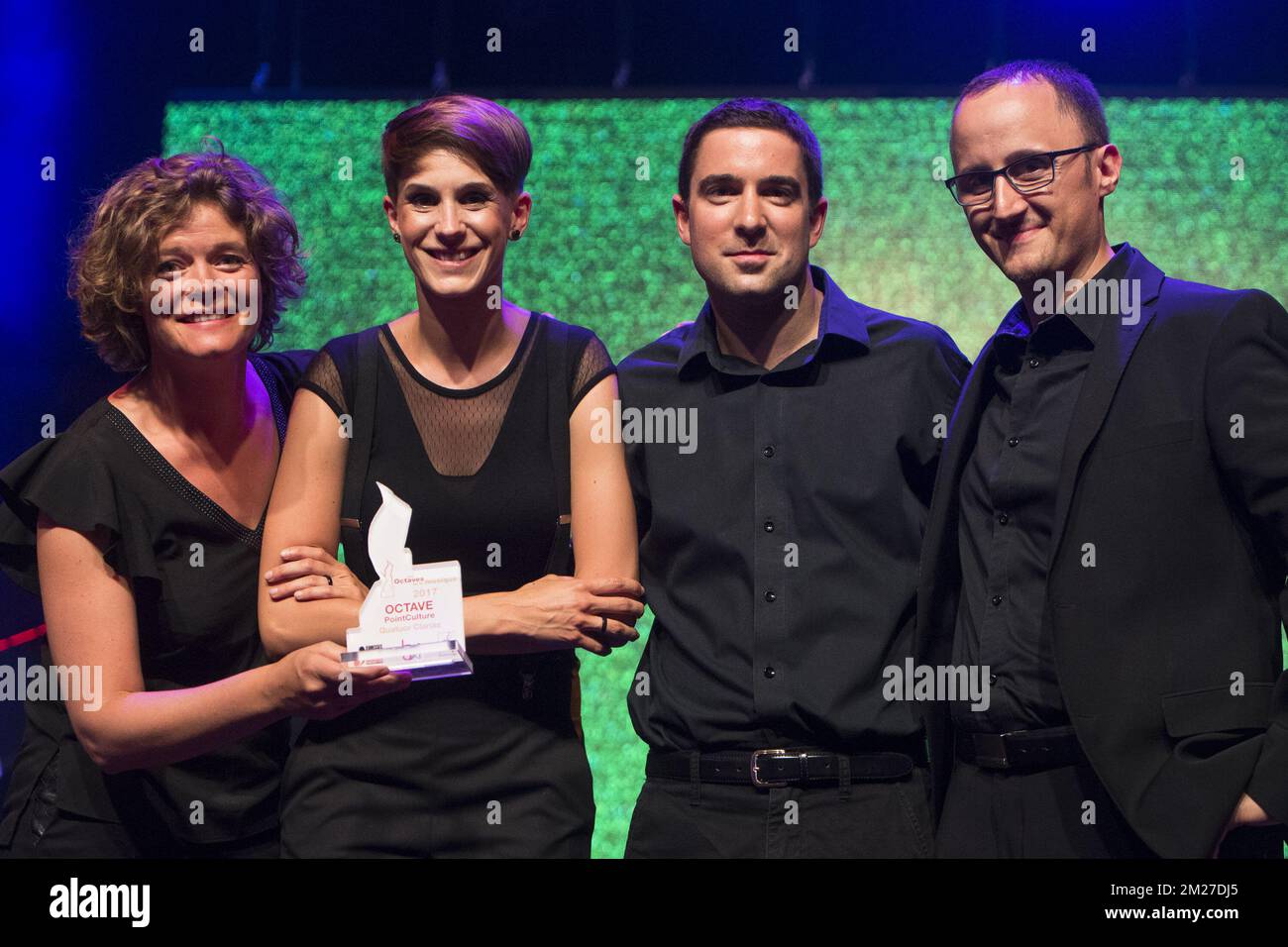 Quatuor Clarias poses with the 'Pointculture' prize at the 14th edition of the 'Les Octaves de la Musique' music awards ceremony, Monday 29 May 2017 in Brussels. BELGA PHOTO LAURIE DIEFFEMBACQ Stock Photo