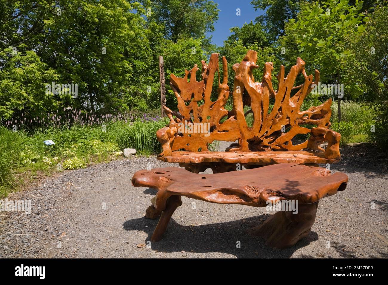 Teak wood table and bench in Ornamental Grasses garden at Route des Gerbes d'Angelica garden in