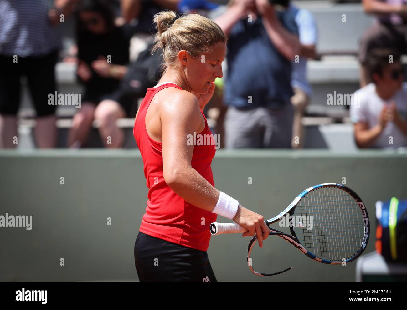 Belgian Kirsten Flipkens looks dejected at the end of a tennis game between Belgian Kirsten Flipkens and Australian Samantha Stosur, in the first round of the women's tournament at the Roland Garros French Open tennis tournament, in Paris, France, Wednesday 31 May 2017. The main table Roland Garros Grand Slam takes place from 29 May to 11 June 2017. BELGA PHOTO VIRGINIE LEFOUR Stock Photo