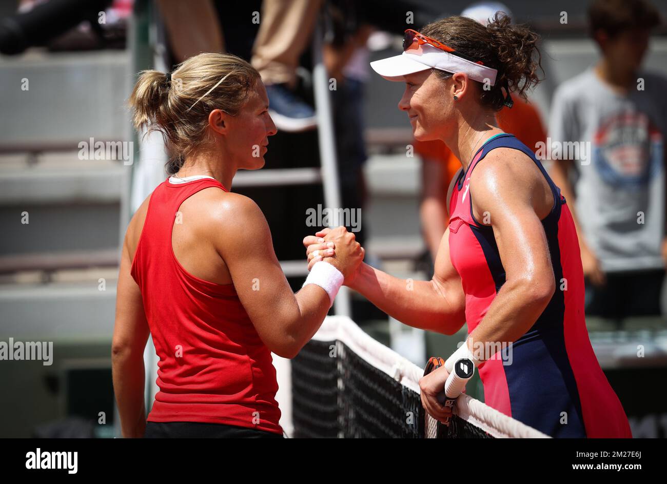 Belgian Kirsten Flipkens looks dejected at the end of a tennis game between Belgian Kirsten Flipkens and Australian Samantha Stosur, in the first round of the women's tournament at the Roland Garros French Open tennis tournament, in Paris, France, Wednesday 31 May 2017. The main table Roland Garros Grand Slam takes place from 29 May to 11 June 2017. BELGA PHOTO VIRGINIE LEFOUR Stock Photo